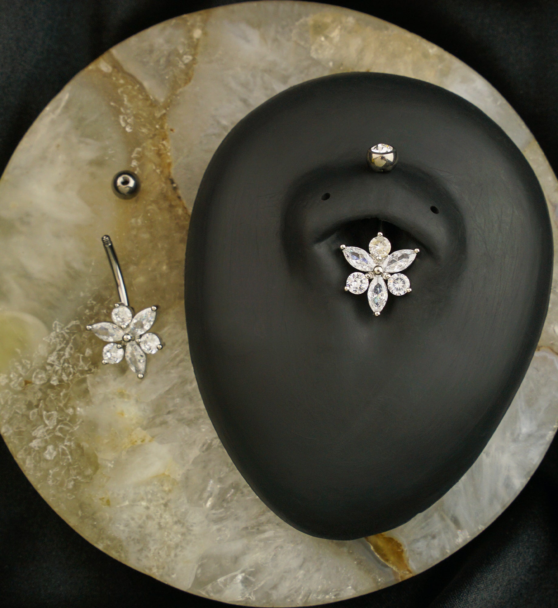 Pointed Flower Clear CZ Titanium Belly Button Ring