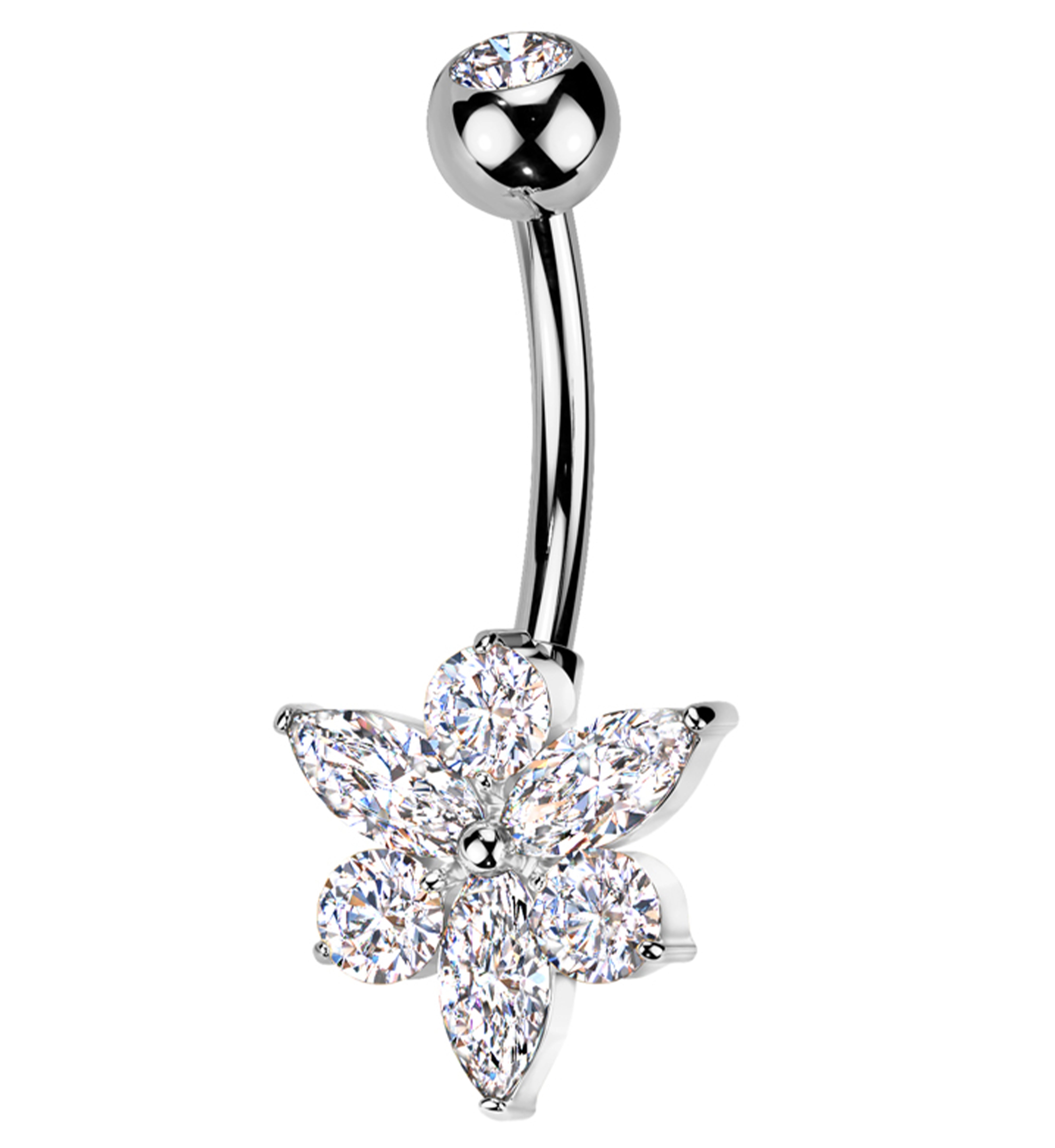 Pointed Flower Clear CZ Titanium Belly Button Ring