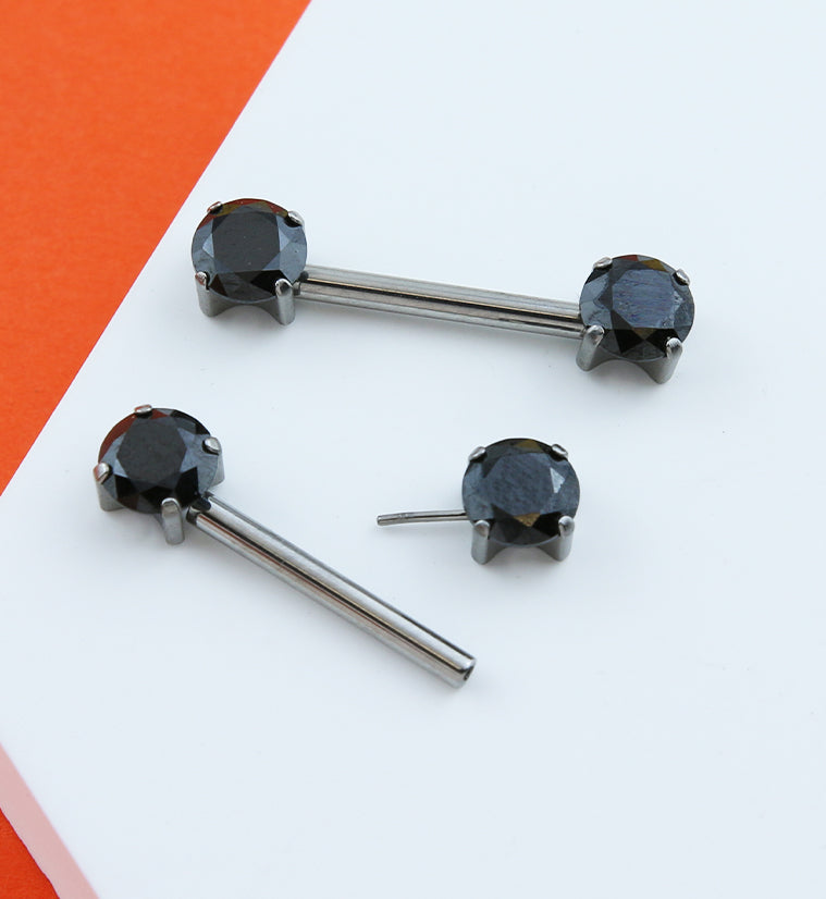 Prong Black CZ Threadless Titanium Nipple Barbells