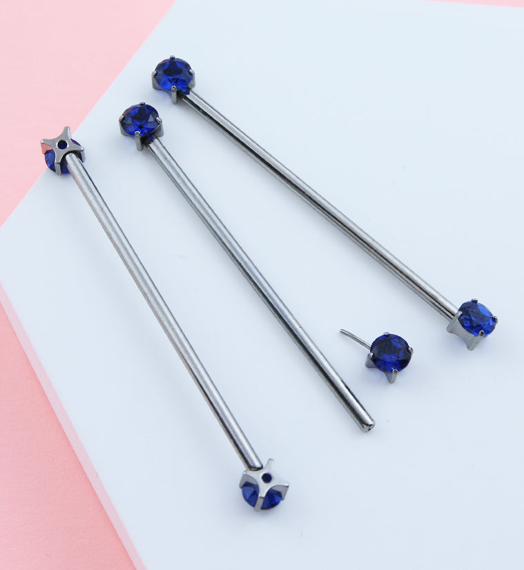 Prong Blue CZ Threadless Titanium Industrial Barbell