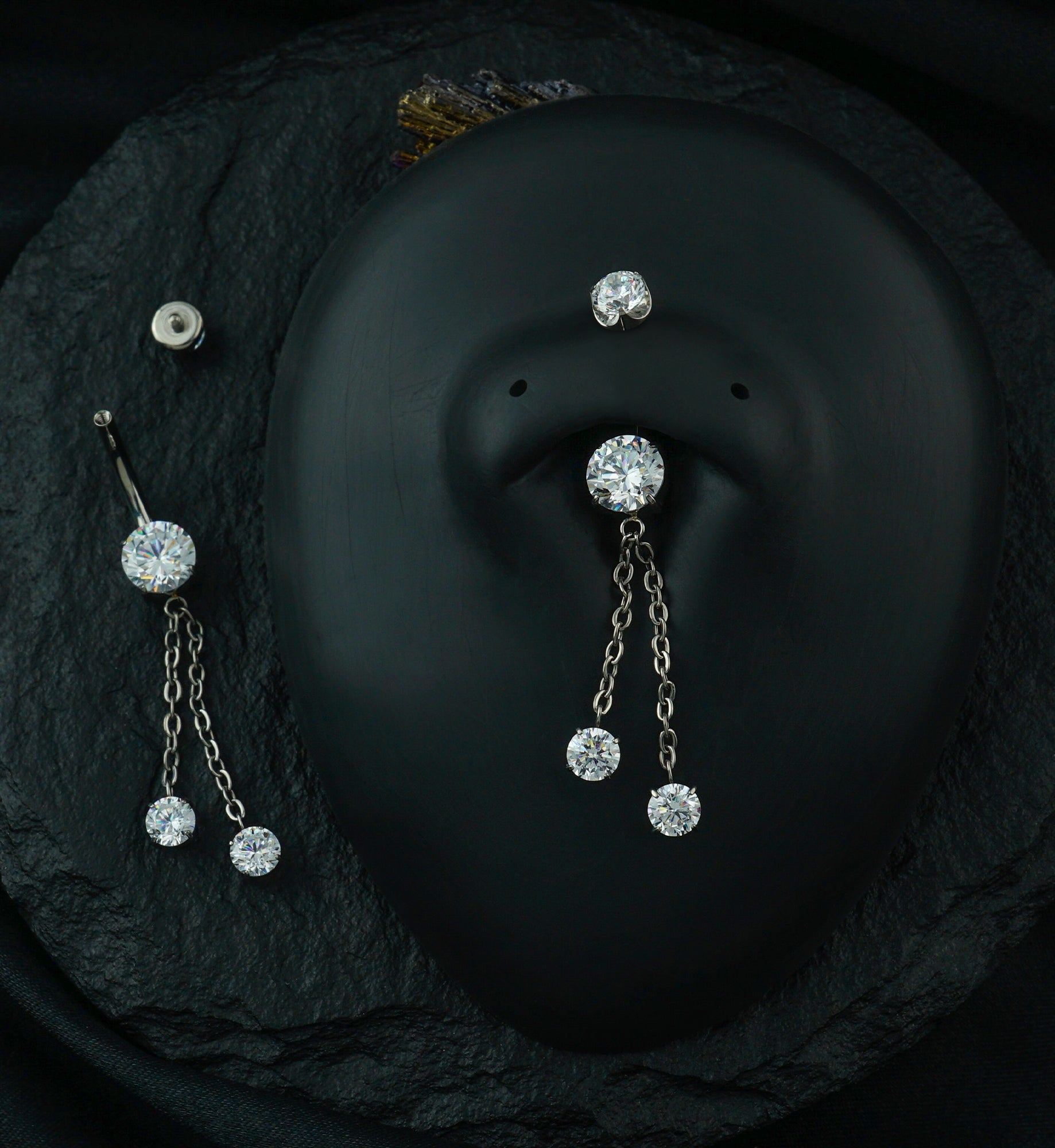 Prong Clear CZ Double Dangle Chain Titanium Internally Threaded Belly Button Ring