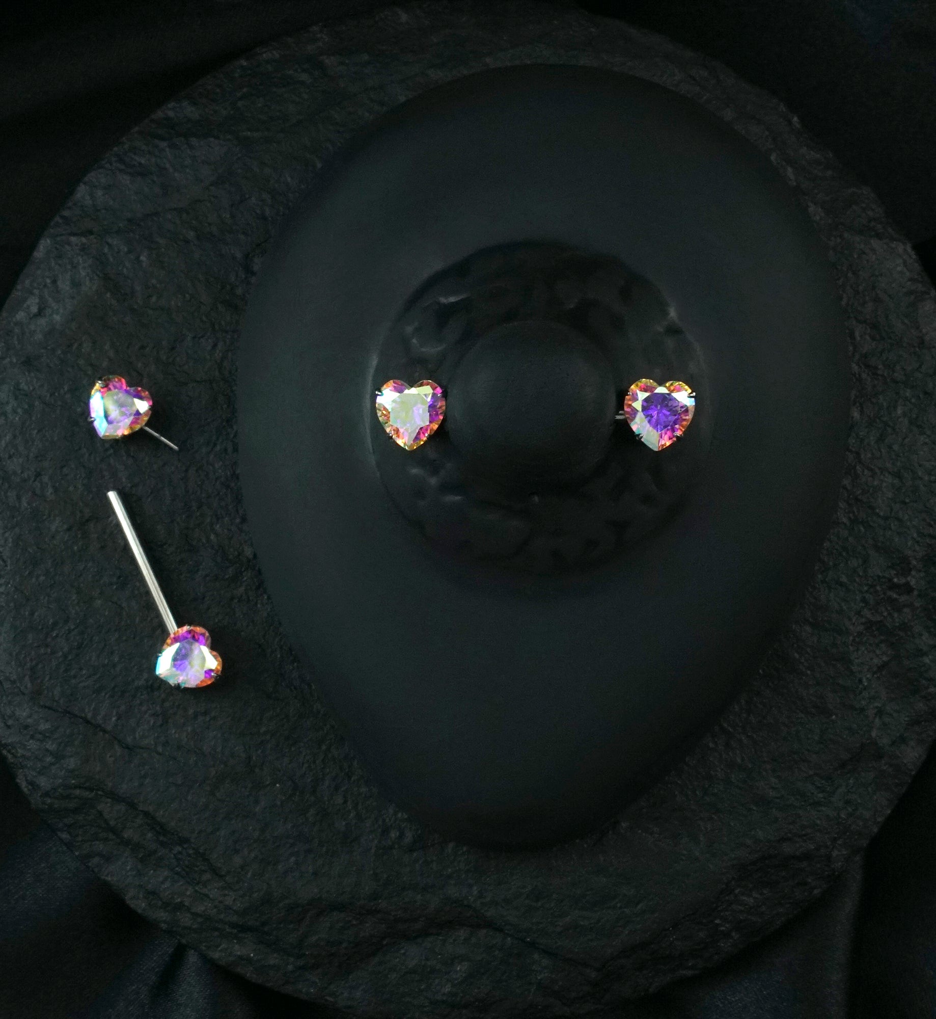 Prong Heart Rainbow Aurora CZ Threadless Titanium Nipple Barbell