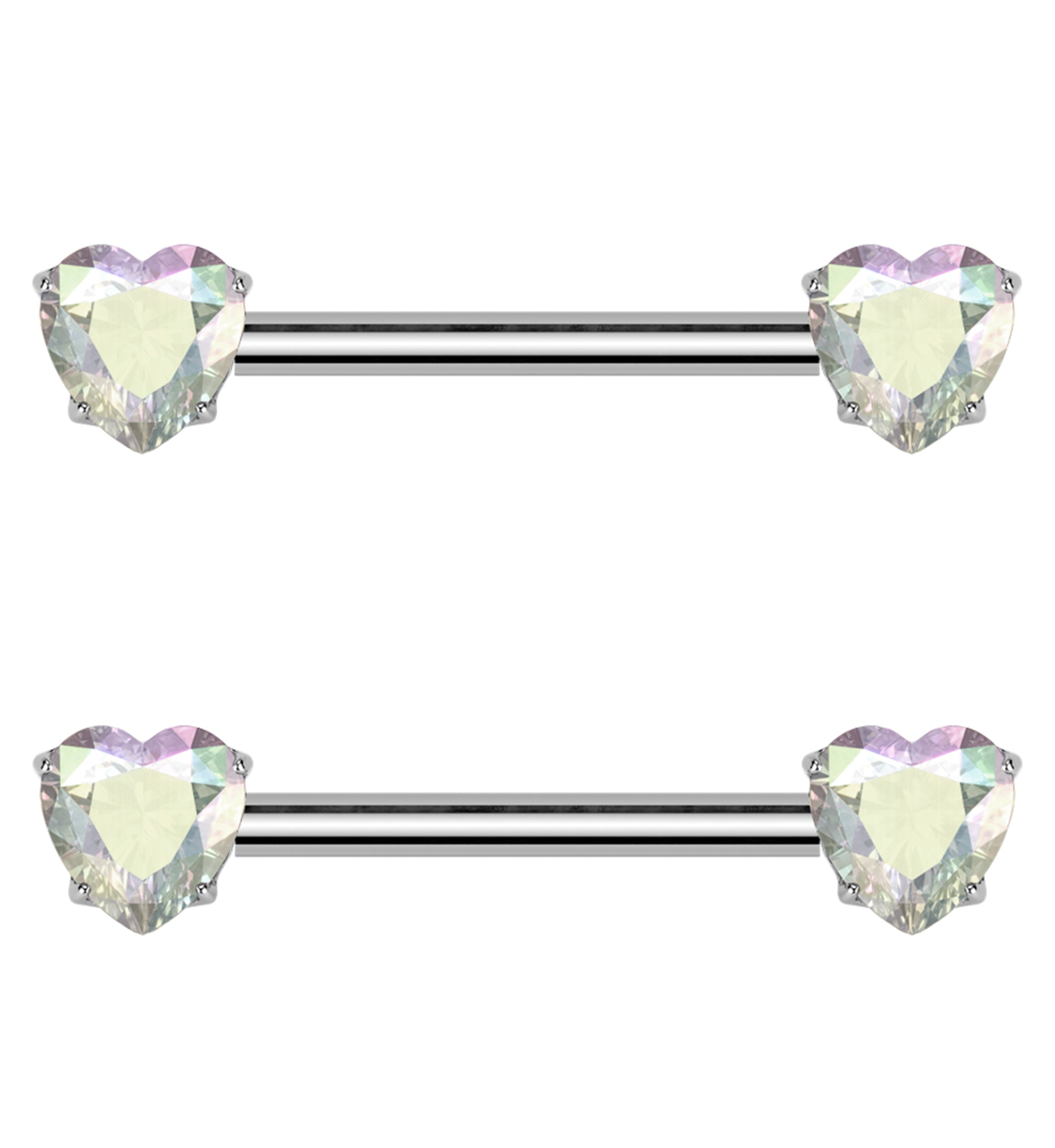 Prong Heart Rainbow Aurora CZ Threadless Titanium Nipple Barbell