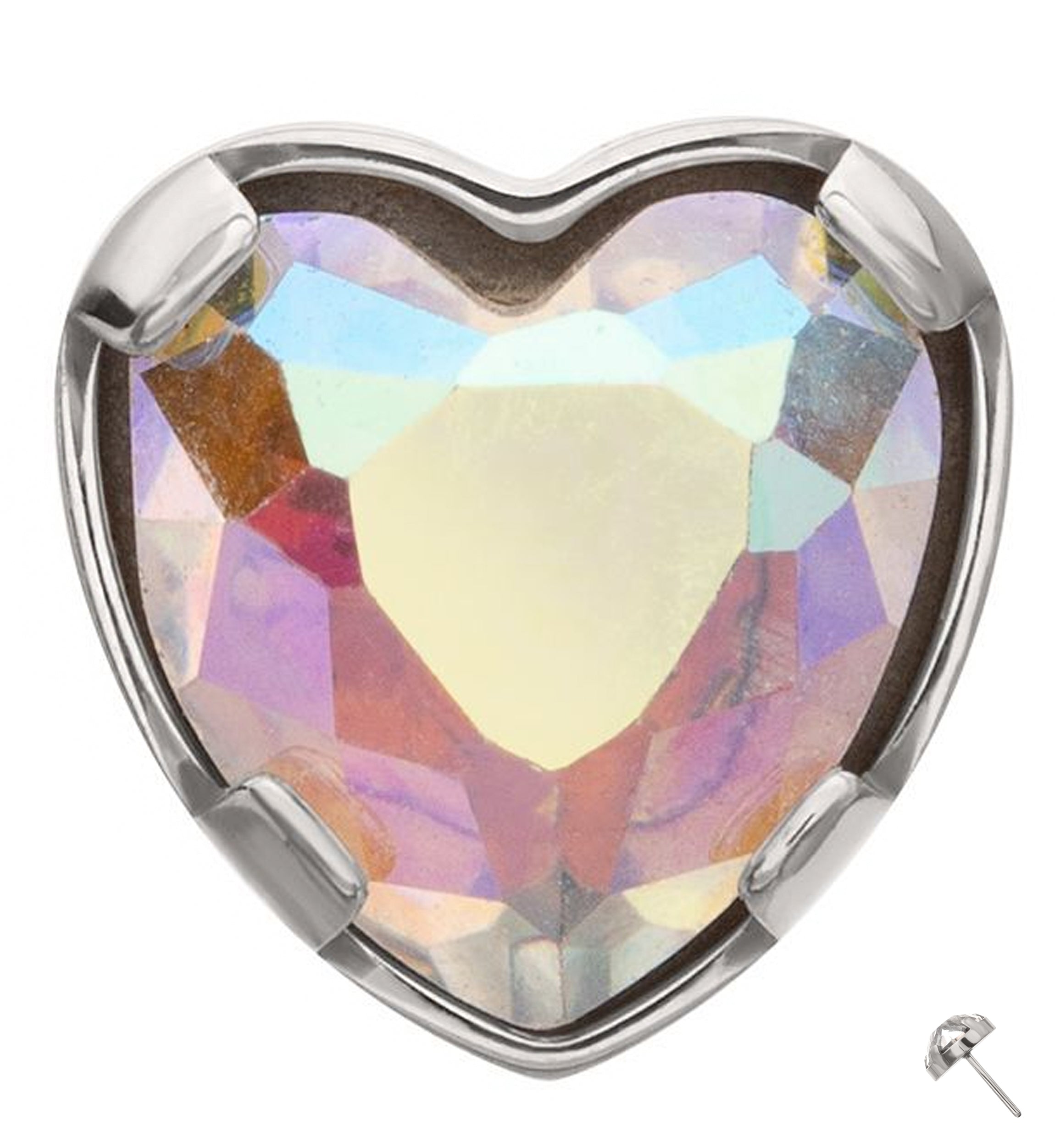 Prong Heart Rainbow Aurora CZ Titanium Threadless Top