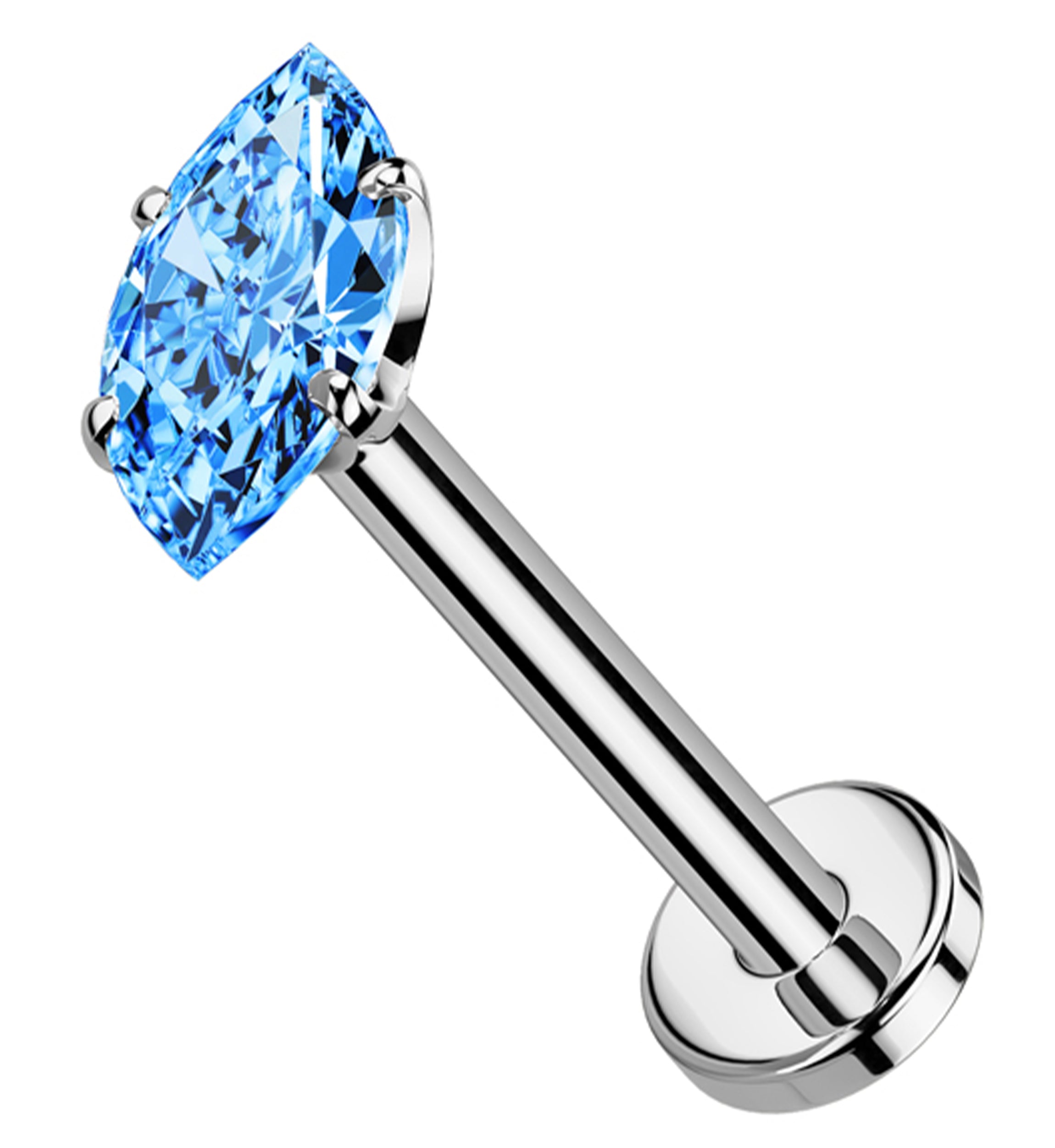 Prong Marquise Aqua CZ Threadless Titanium Flat Disk Labret