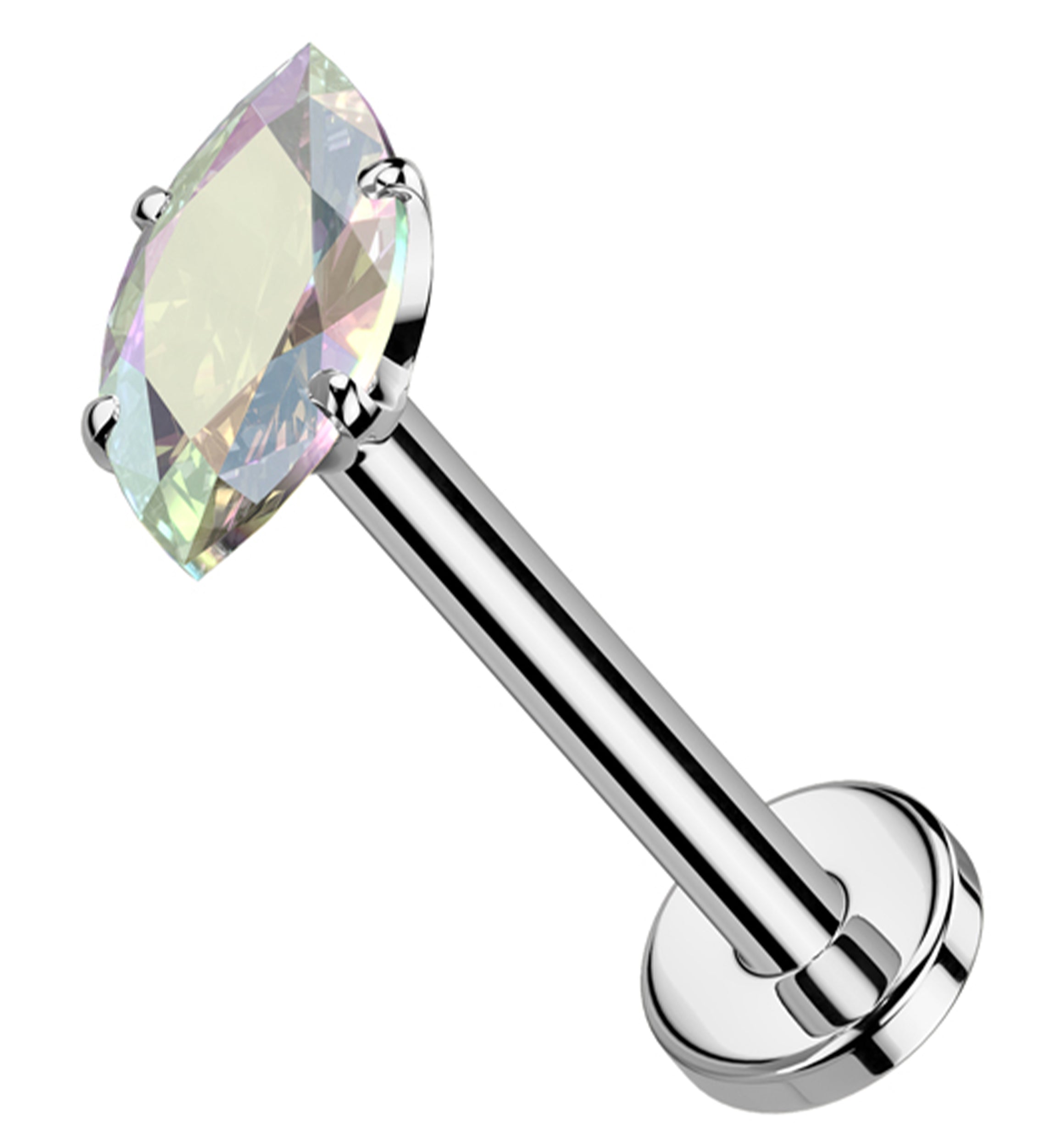 Prong Marquise Rainbow Aurora CZ Threadless Titanium Flat Disk Labret