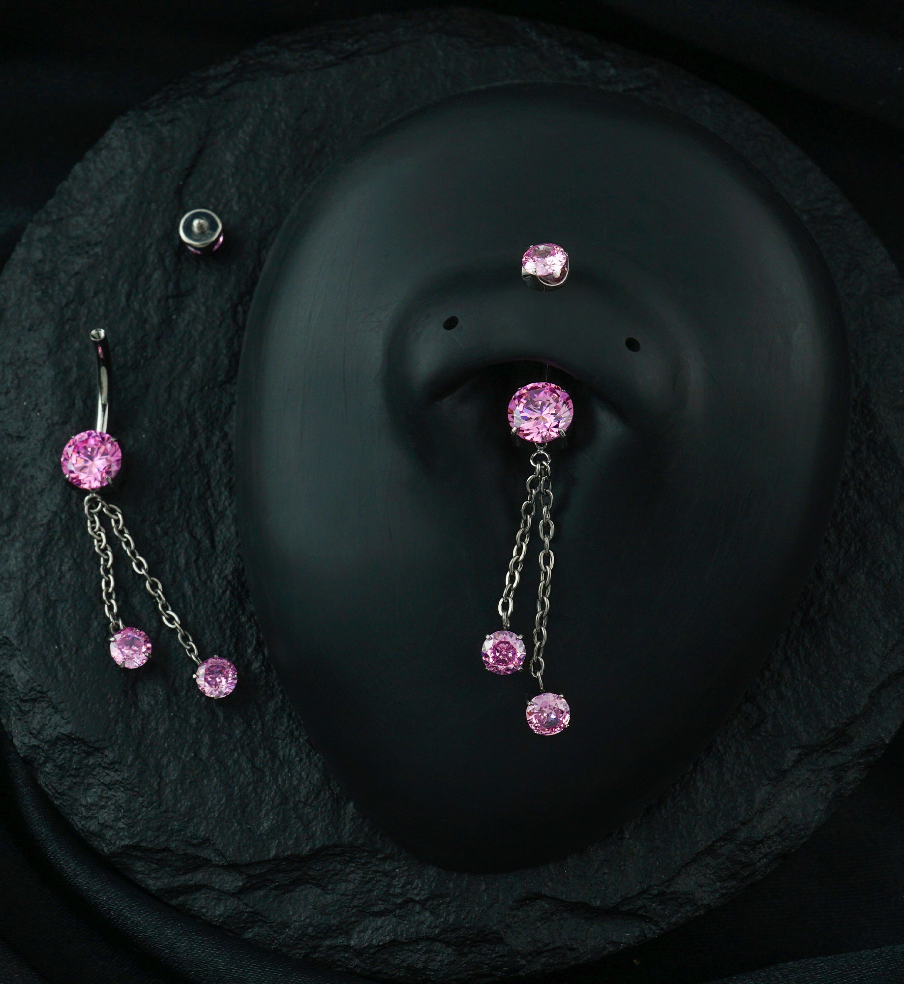 Prong Pink CZ Double Dangle Chain Titanium Internally Threaded Belly Button Ring