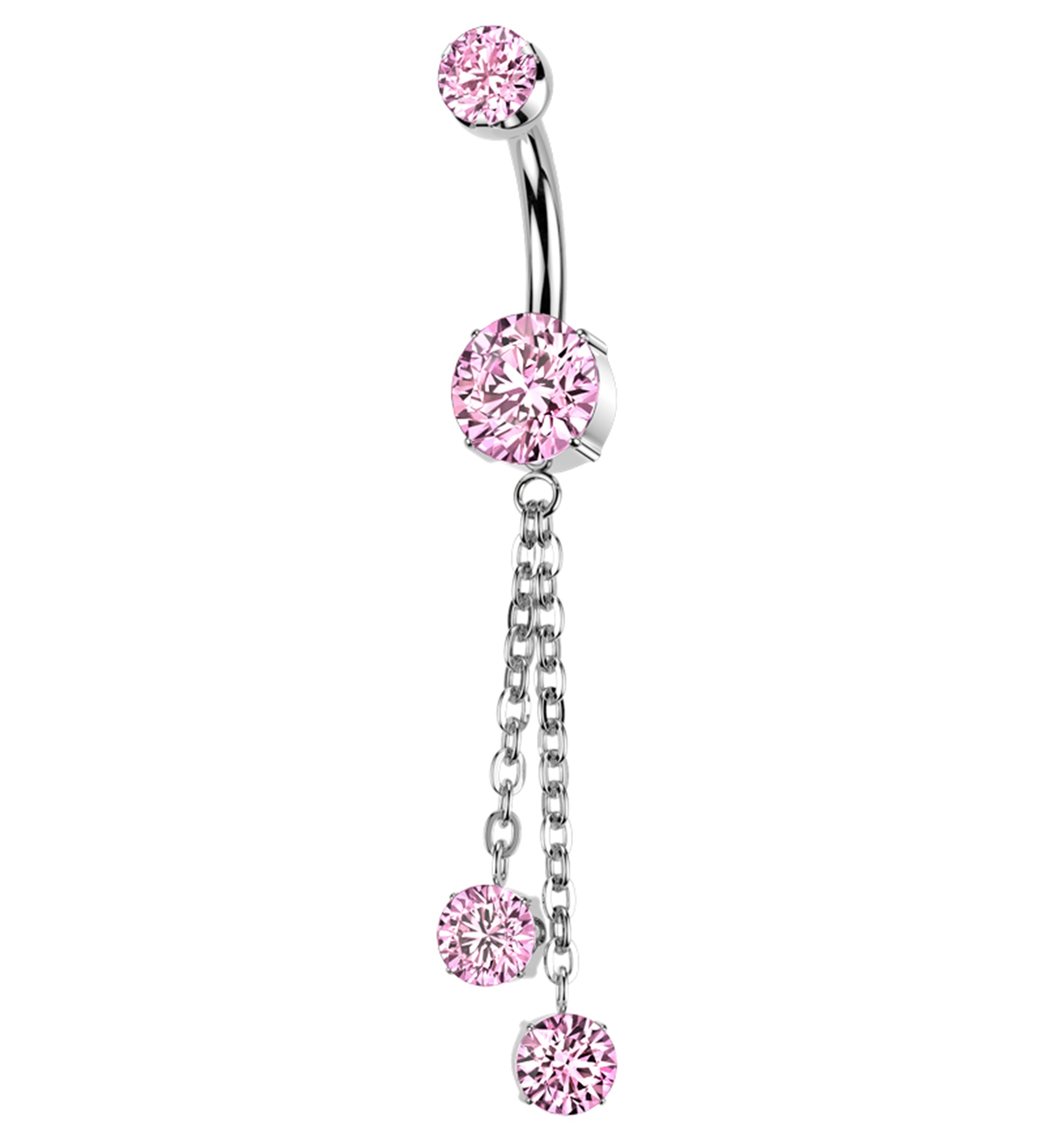 Prong Pink CZ Double Dangle Chain Titanium Internally Threaded Belly Button Ring