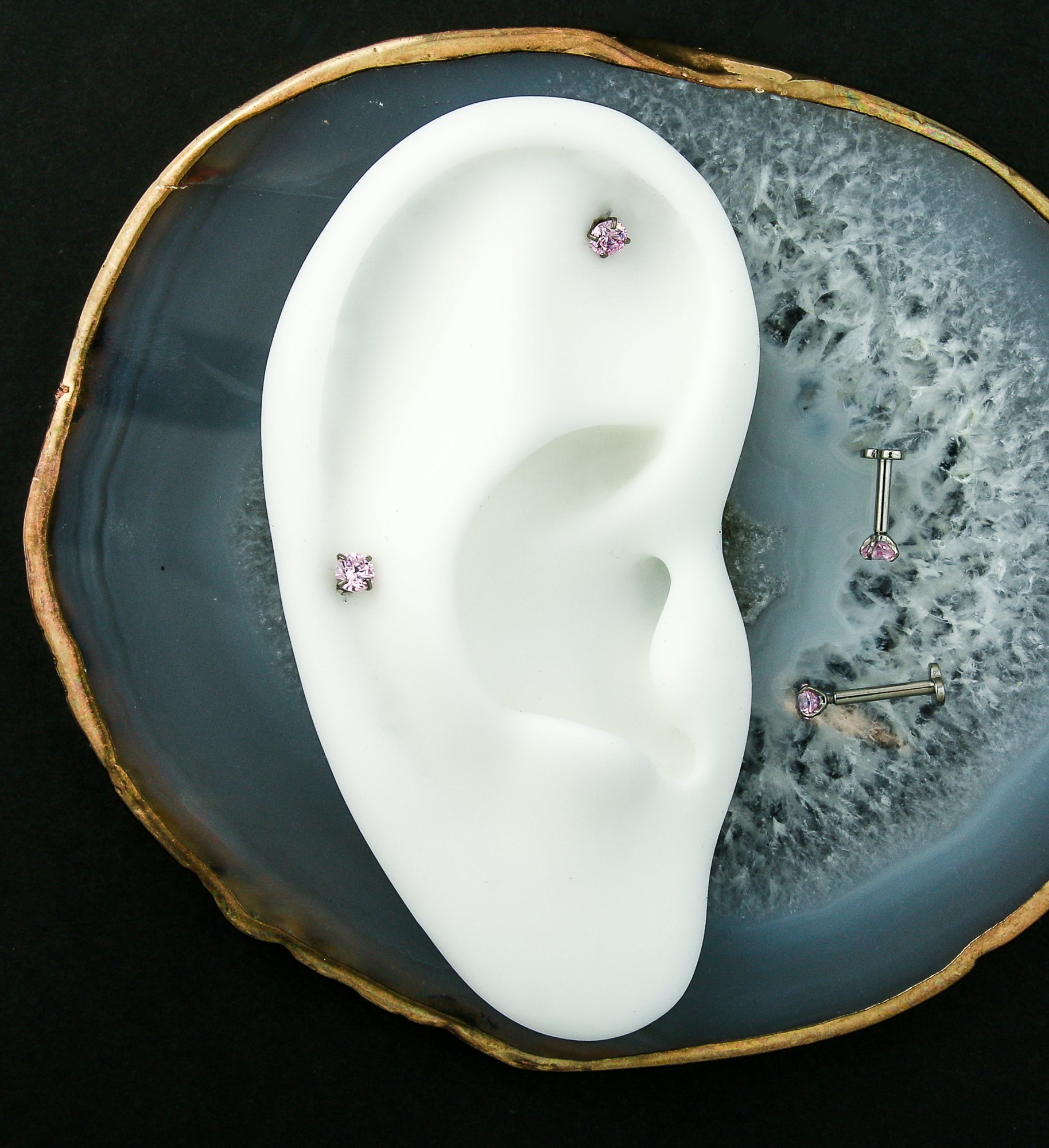 Prong Pink CZ Internally Threaded Titanium Heart Disk Labret