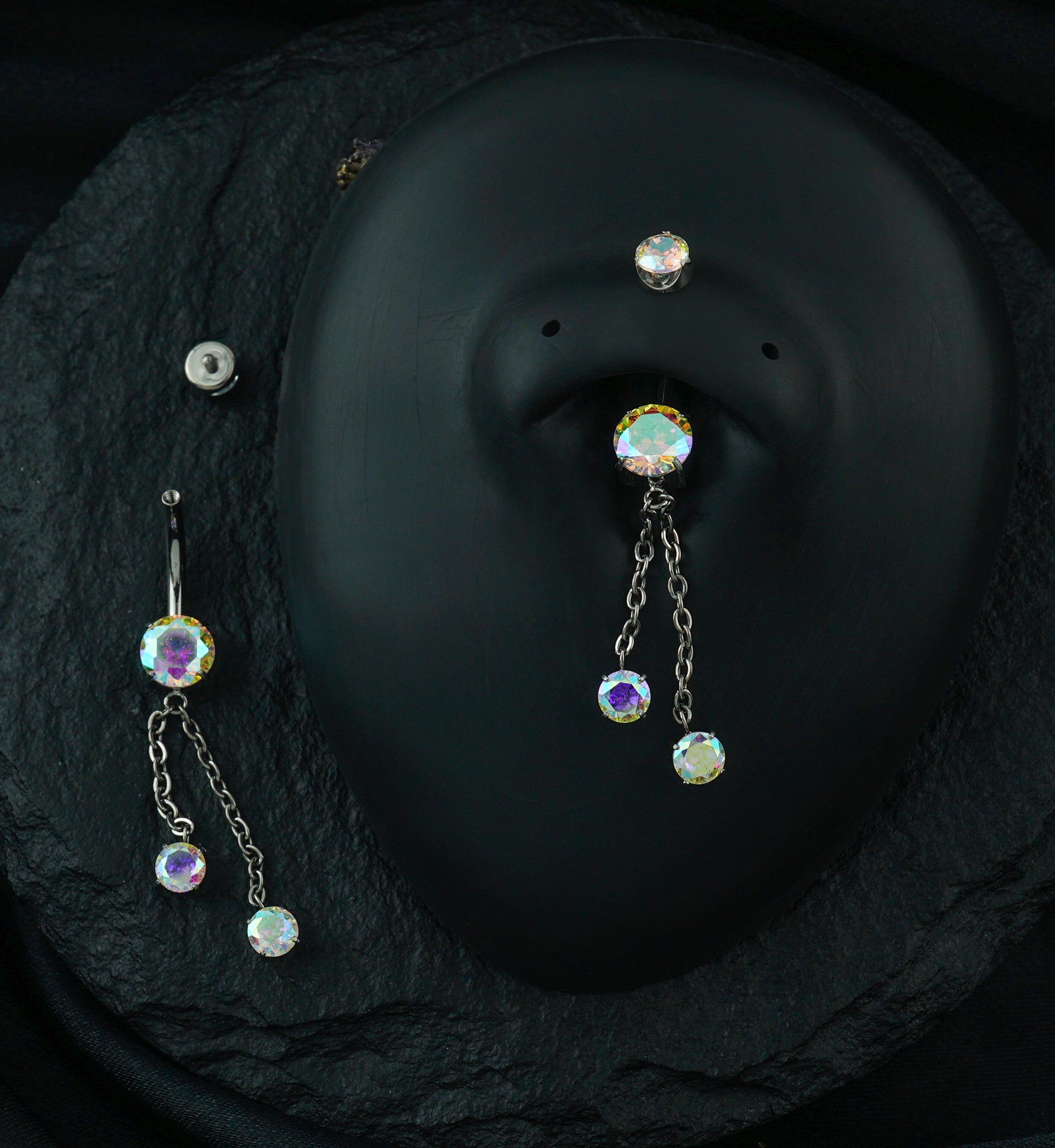 Prong Rainbow Aurora CZ Double Dangle Chain Titanium Internally Threaded Belly Button Ring