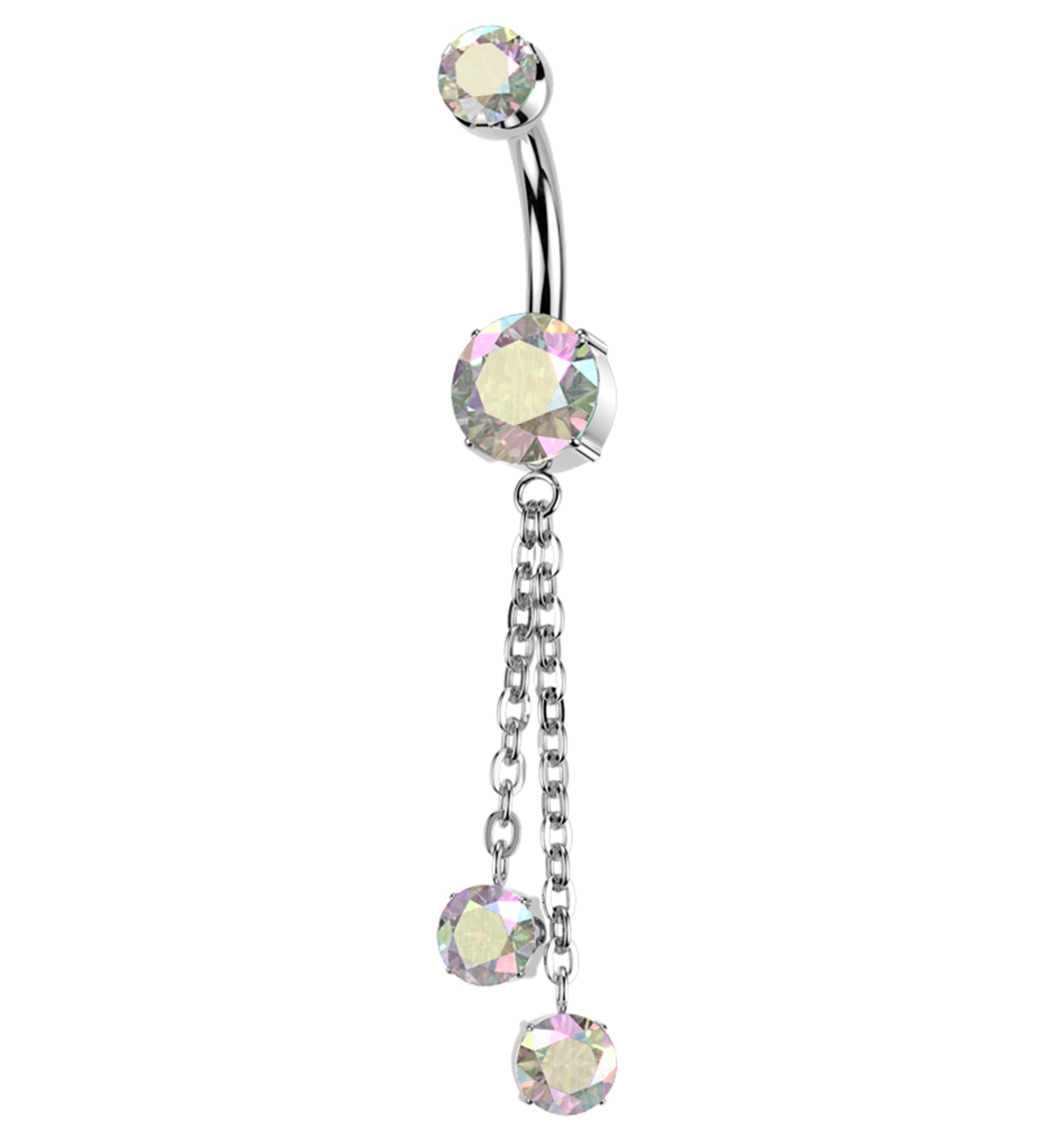 Prong Rainbow Aurora CZ Double Dangle Chain Titanium Internally Threaded Belly Button Ring