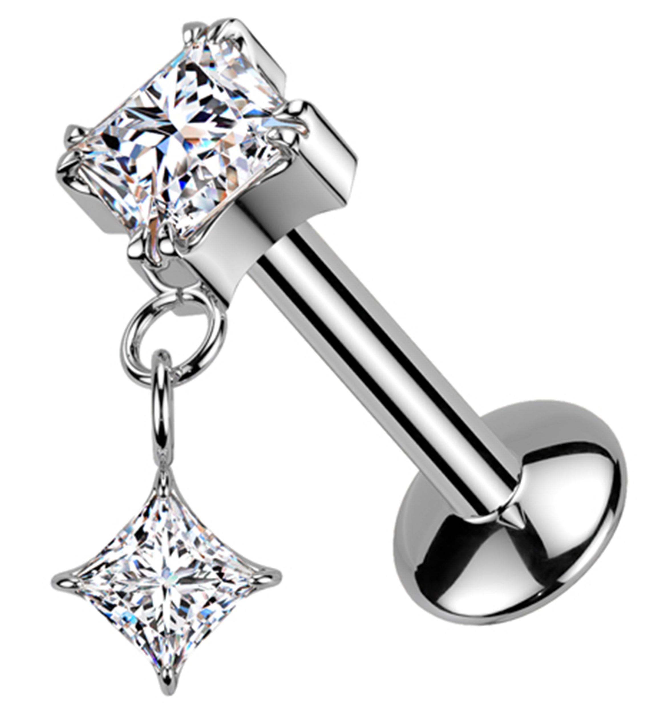 Prong Rhombus Clear CZ Dangle Titanium Convex Disk Labret