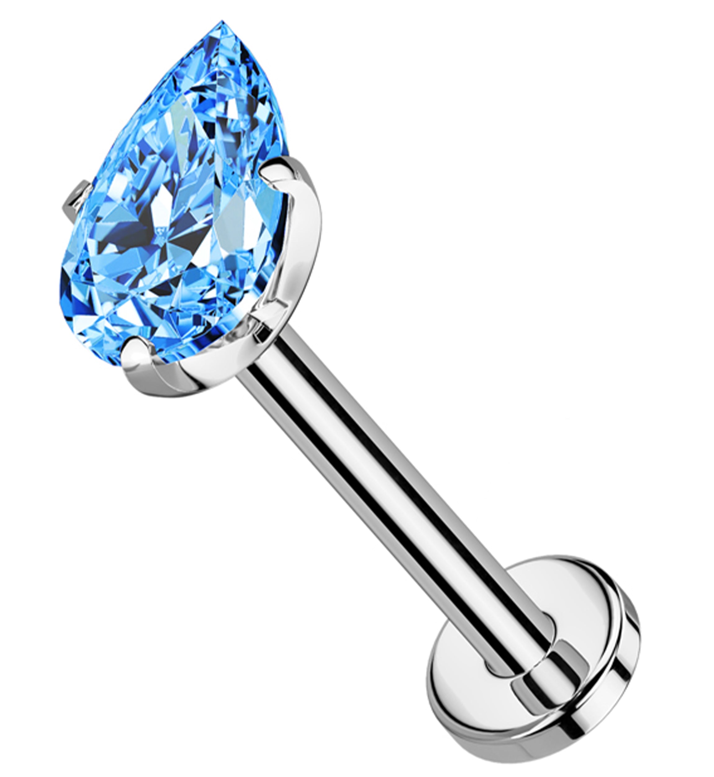 Prong Teardrop Aqua CZ Threadless Titanium Flat Disk Labret