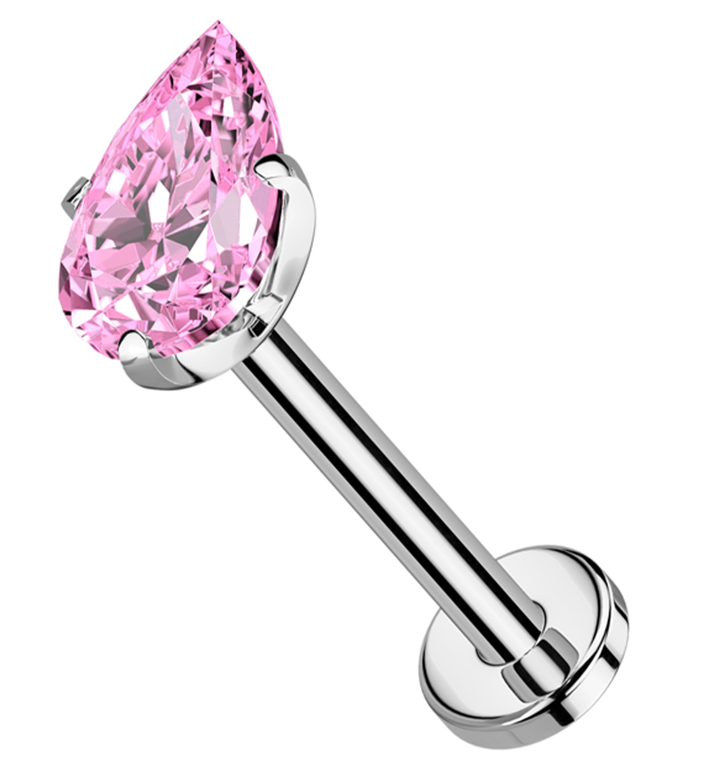 Prong Teardrop Pink CZ Threadless Titanium Flat Disk Labret