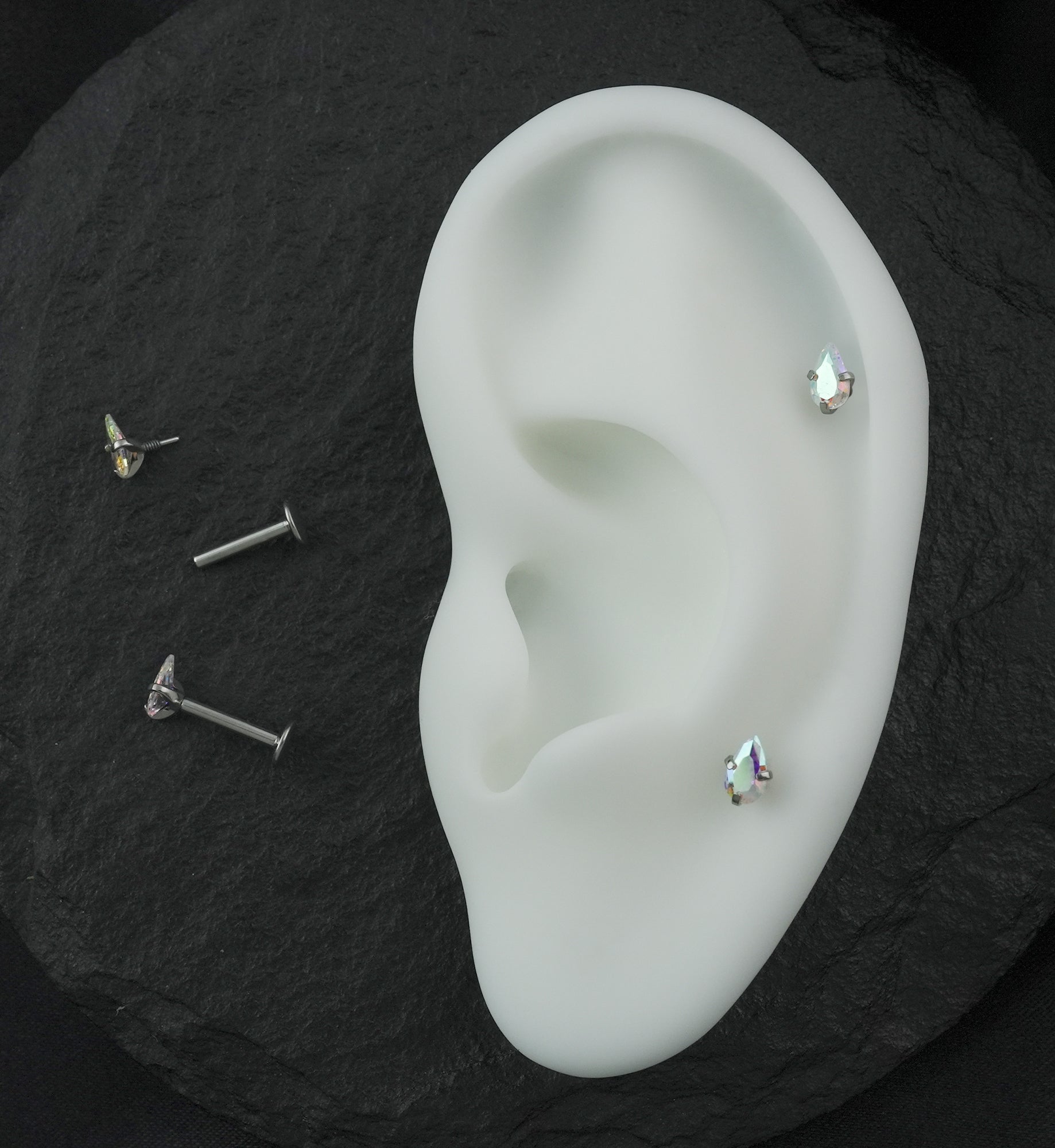 Prong Teardrop Rainbow Aurora CZ Internally Threaded Titanium Convex Back Labret