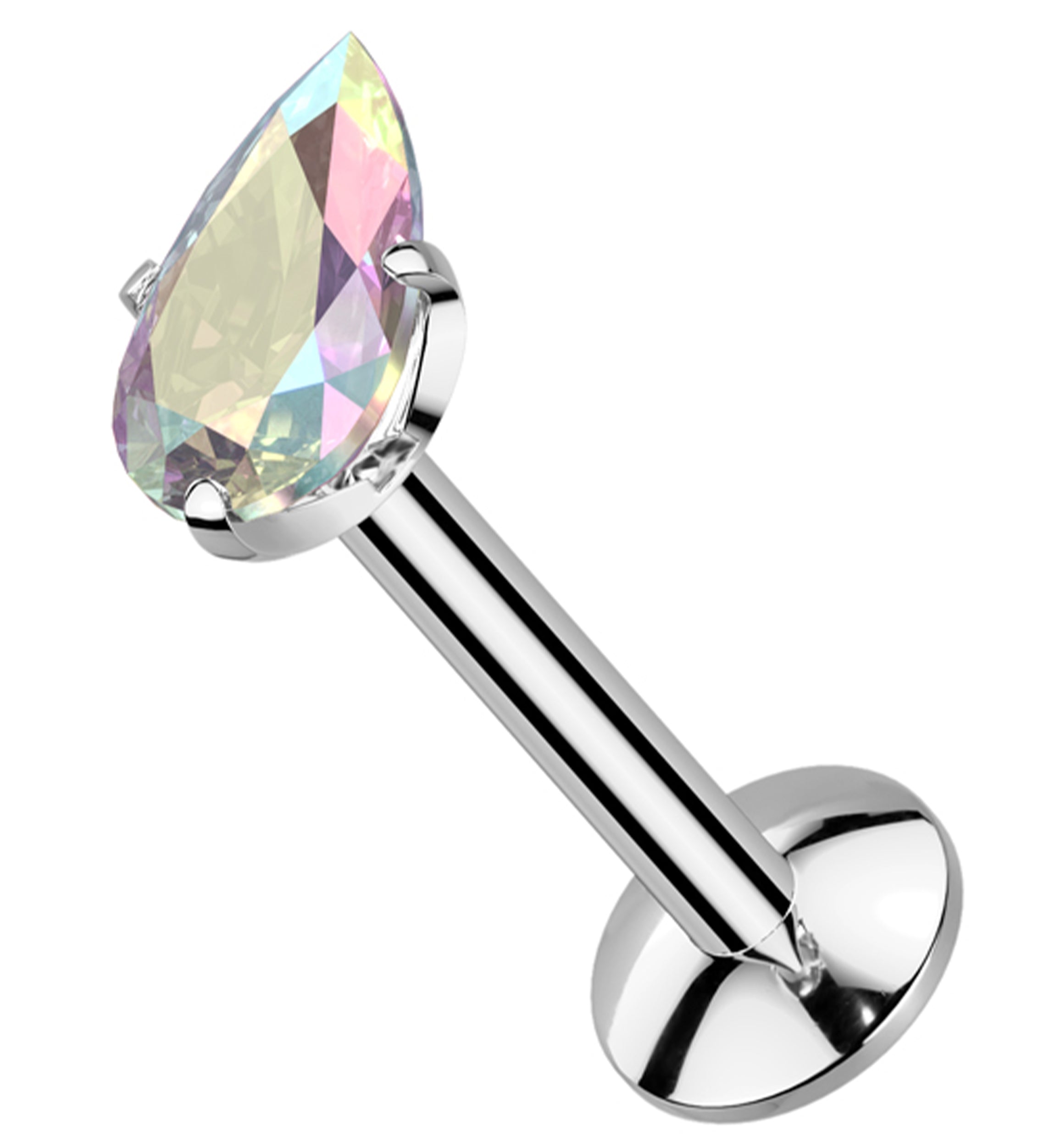Prong Teardrop Rainbow Aurora CZ Internally Threaded Titanium Convex Back Labret