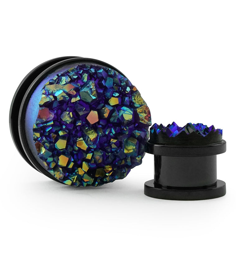 Black Steel Plugs With Purple Druzy Stone Inlay