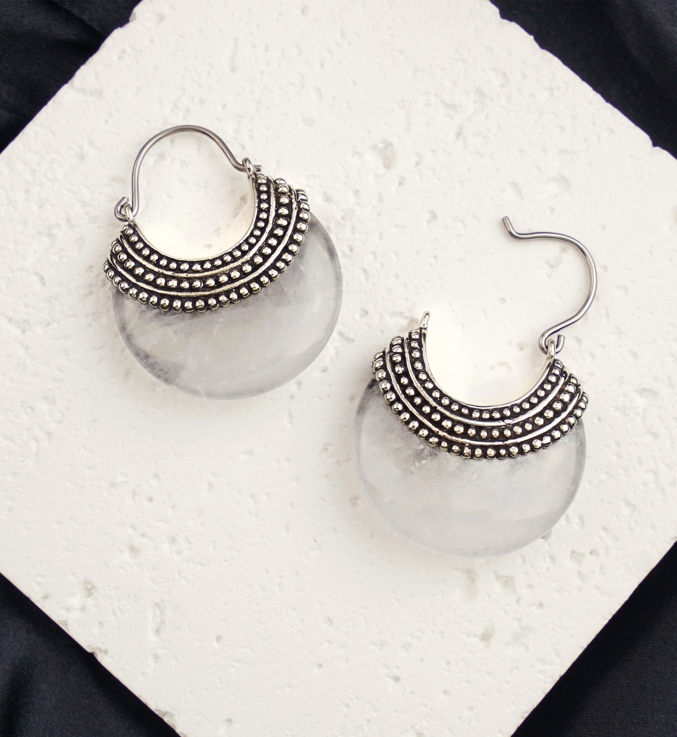 Quartz Beaded White Brass Stone Earrings