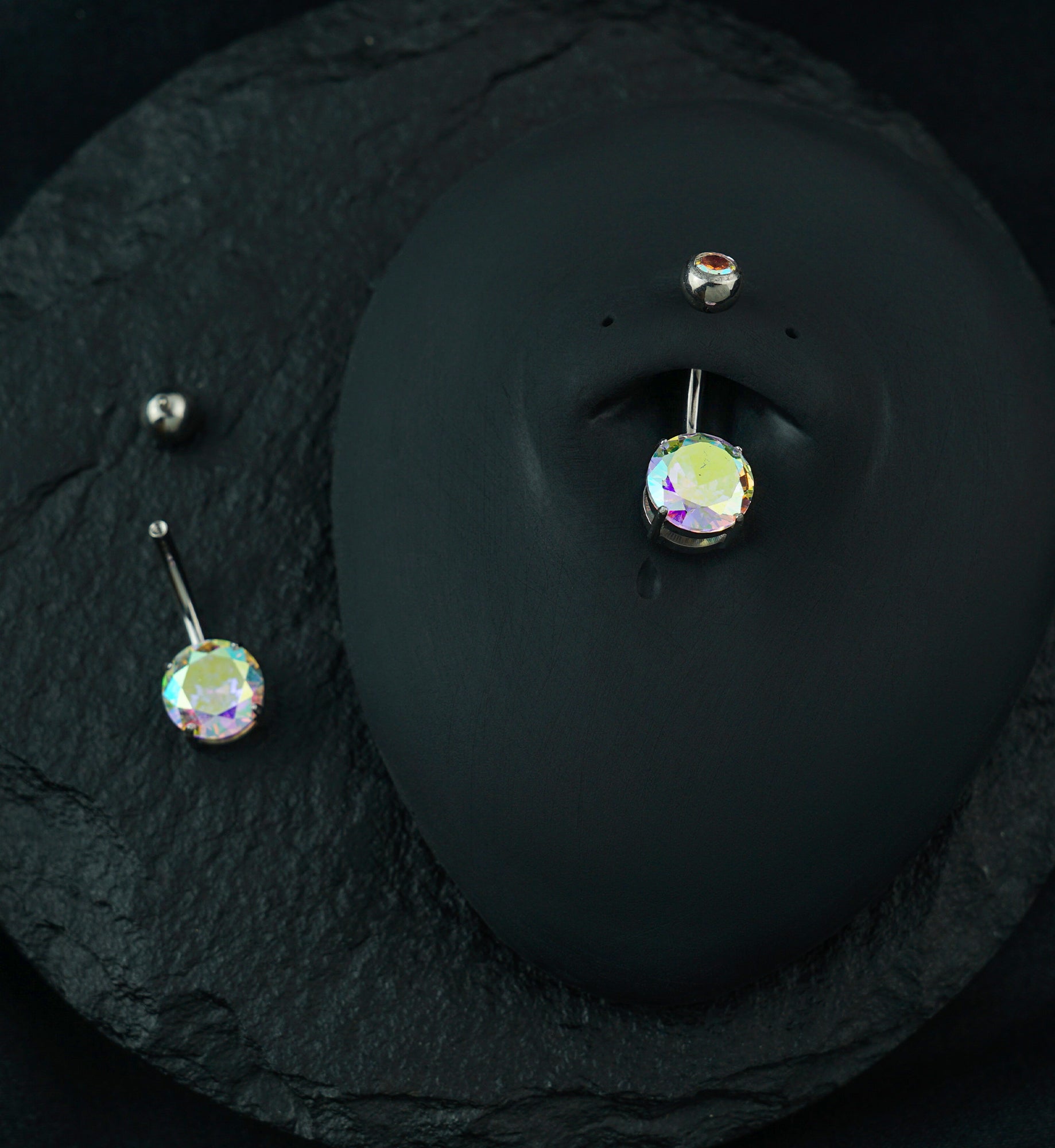 Rainbow Aurora CZ Prong/Bezel Internally Threaded Titanium Belly Button Ring