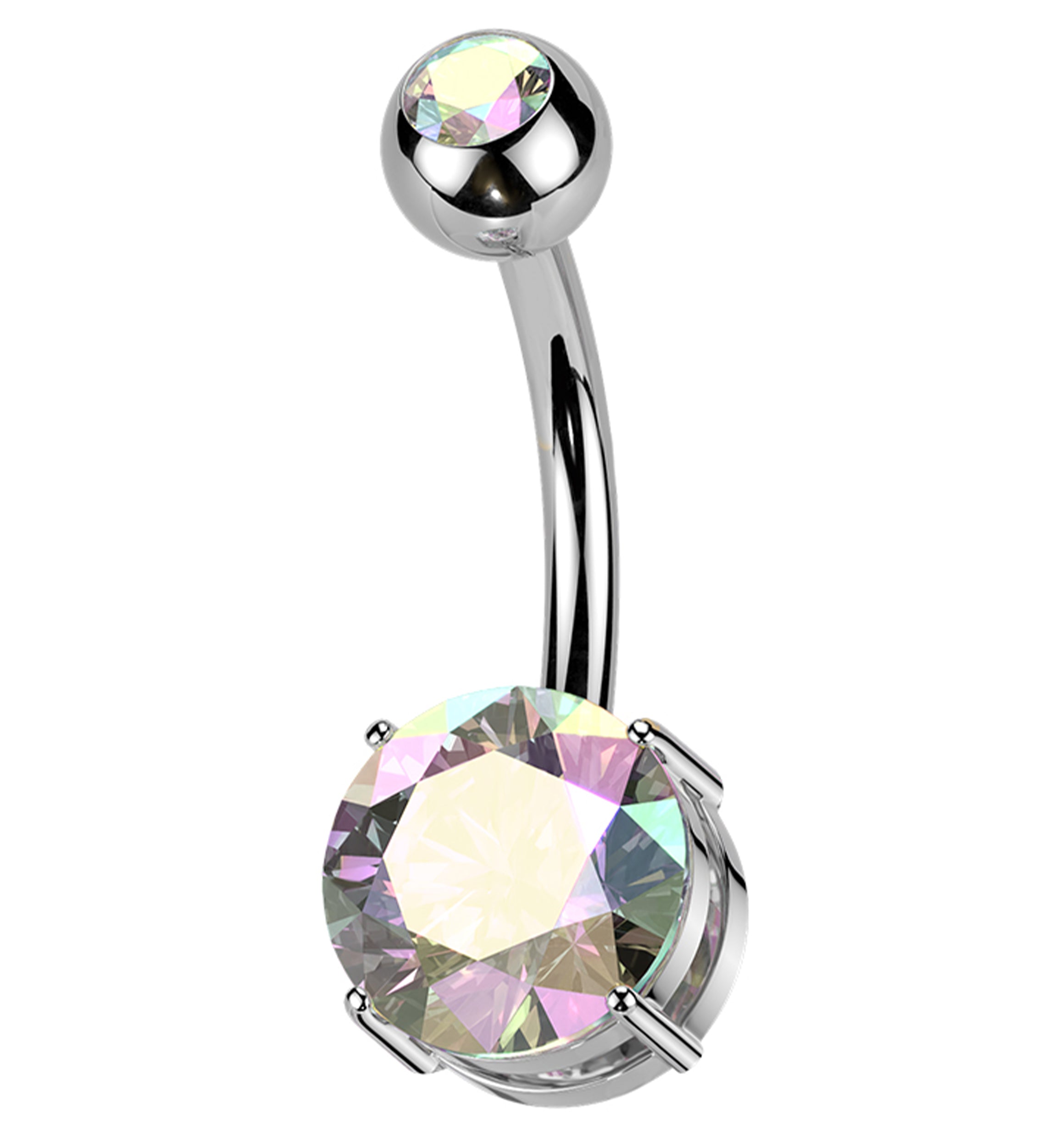 Rainbow Aurora CZ Prong/Bezel Internally Threaded Titanium Belly Button Ring