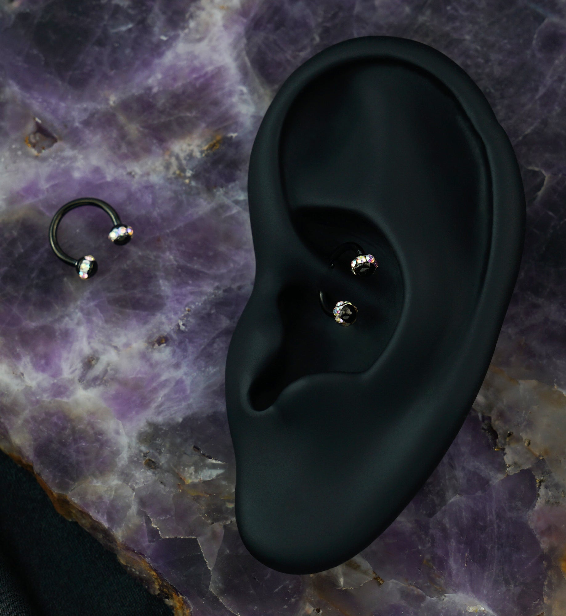 Rainbow Aurora Gem Orb Black Circular Barbell