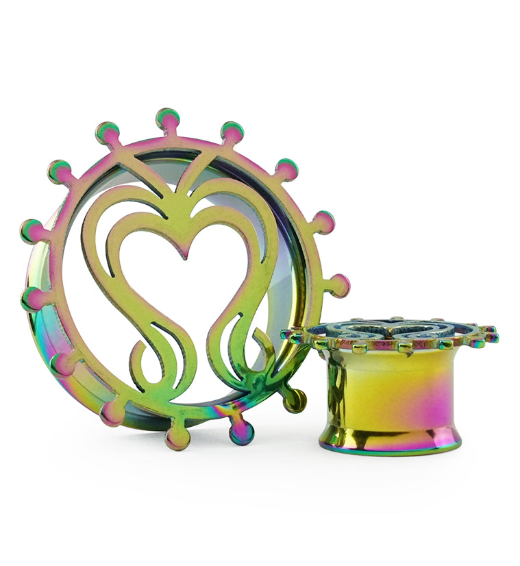 Rainbow Filigree Heart Steel Tunnel Plugs