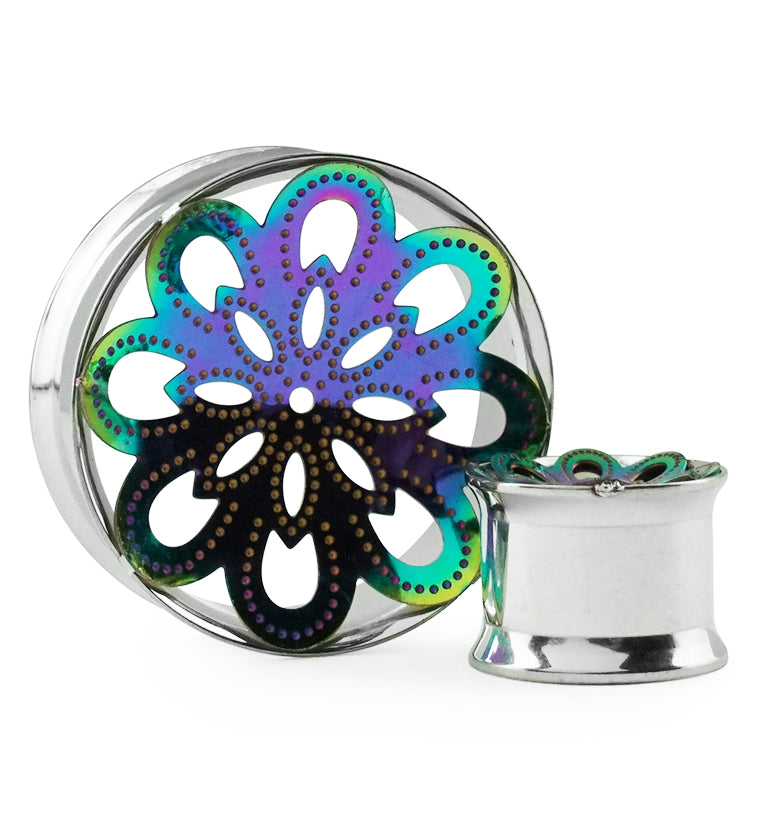 Rainbow Mandala Flower Steel Tunnel Plugs