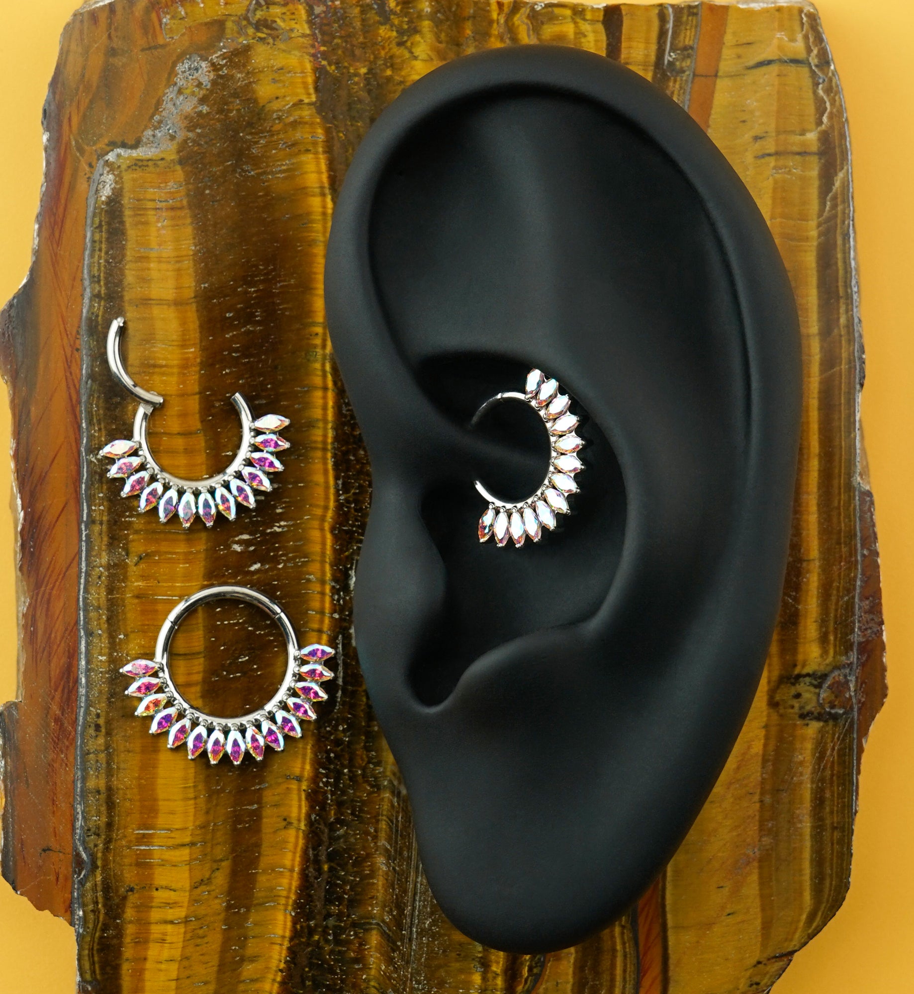 Razor Edge Rainbow Aurora CZ Titanium Hinged Segment Ring