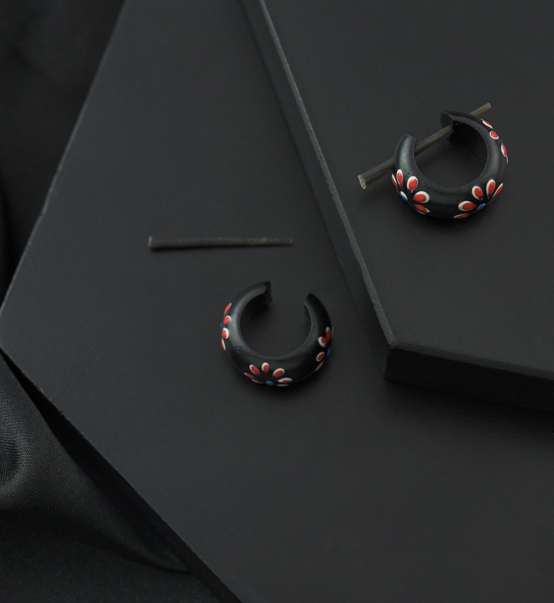 Red Flower Narra Wood Hoop Earrings