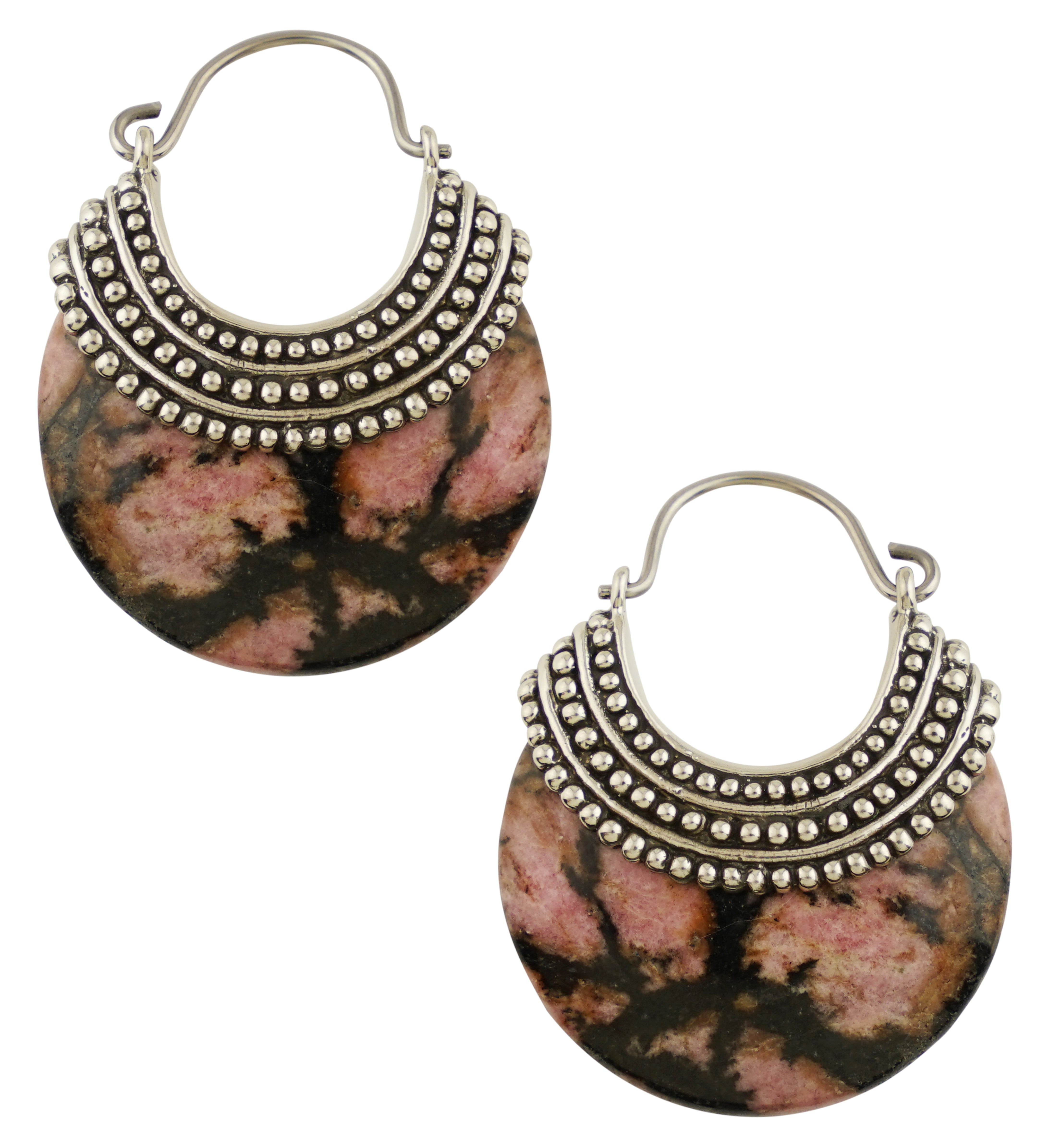 Rhodonite Beaded White Brass Stone Earrings