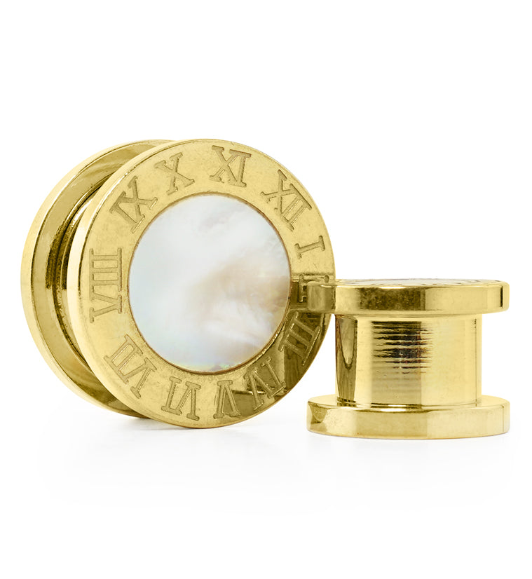 Gold PVD Roman Numeral MOP Stainless Steel Tunnels