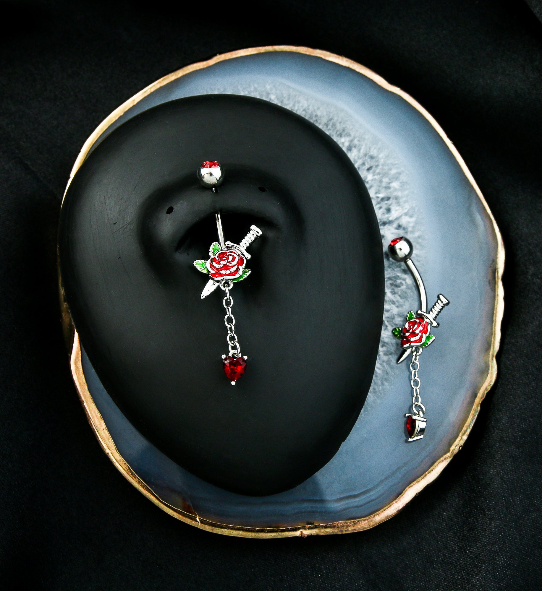 Rose And Dagger Heart CZ Dangle Stainless Steel Belly Button Ring