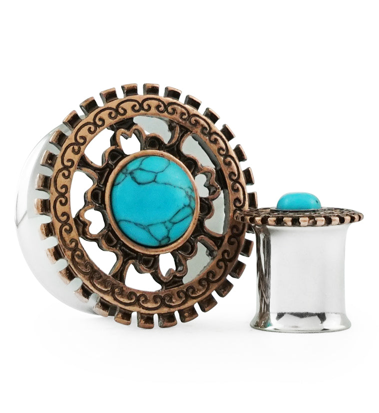 Rose Gold Lineal Top With Turquoise Inlay Steel Plugs