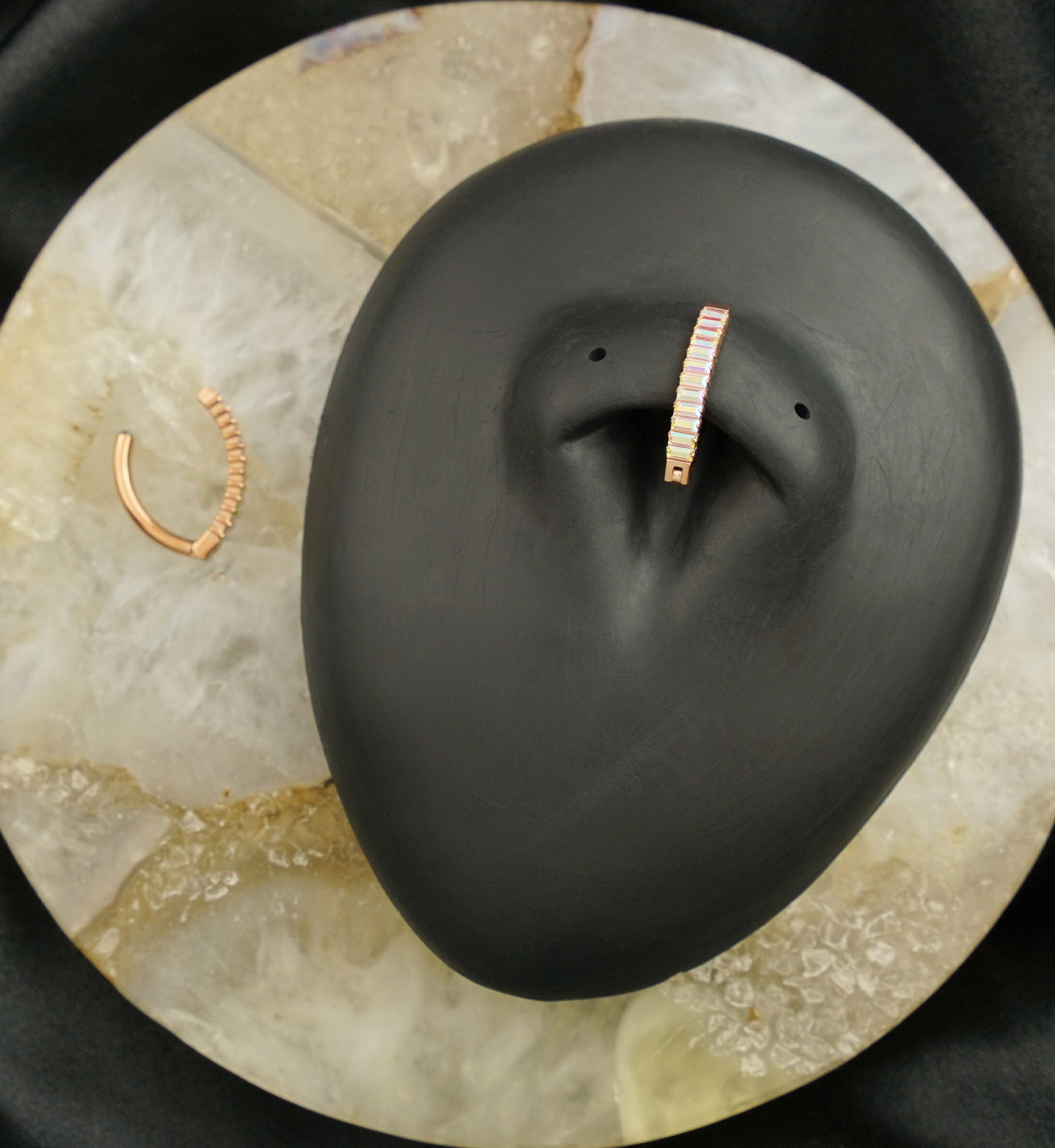 Rose Gold PVD Baguette Rainbow Aurora CZ Row Titanium Hinged Belly Button Ring