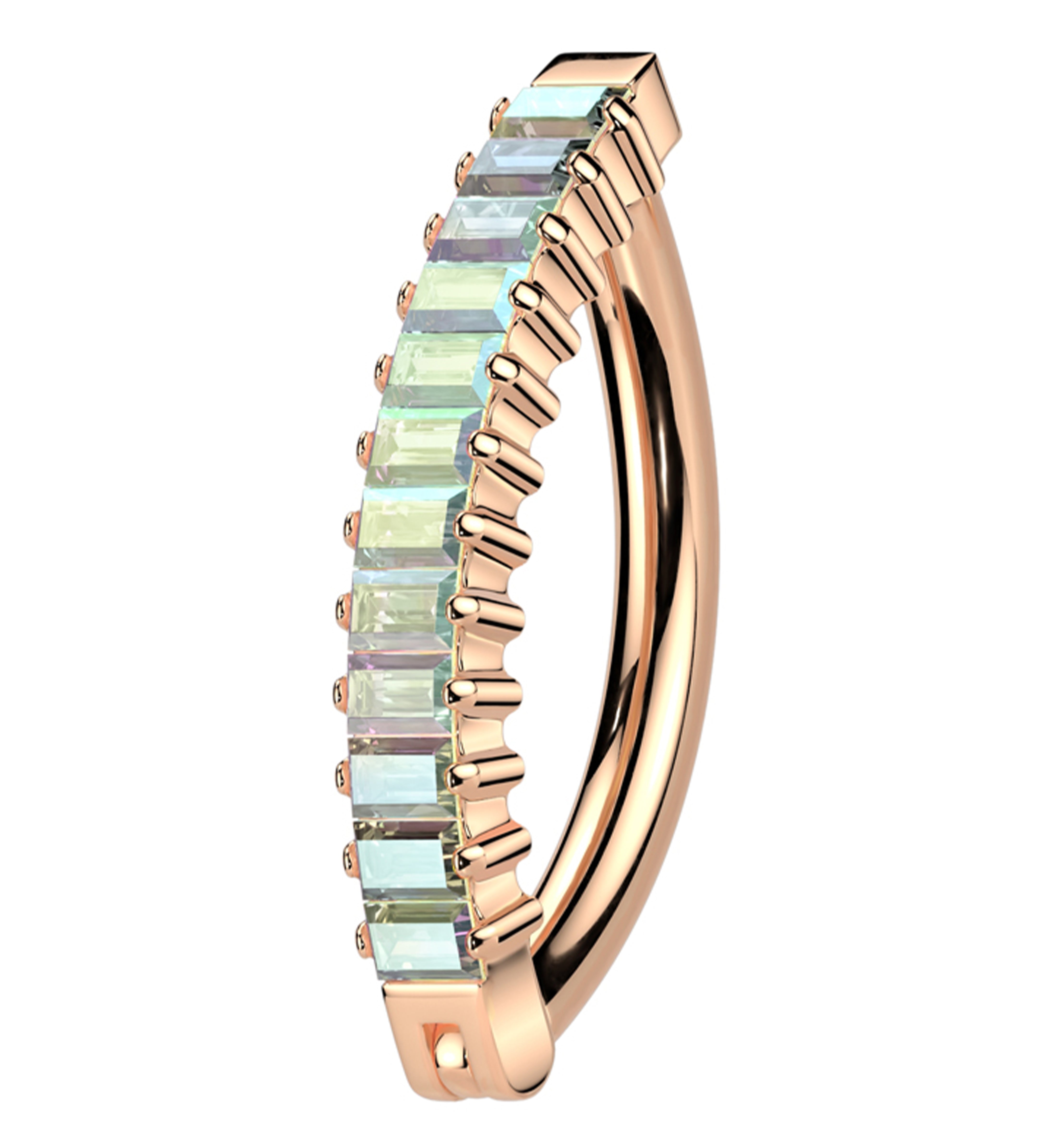 Rose Gold PVD Baguette Rainbow Aurora CZ Row Titanium Hinged Belly Button Ring