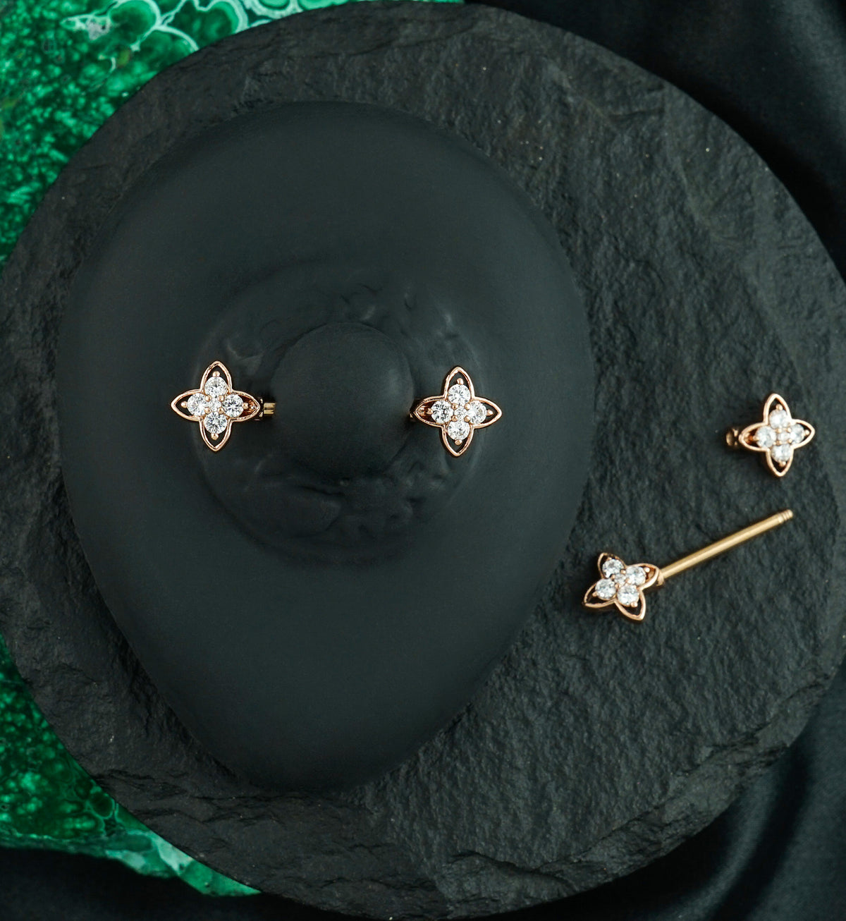 Rose Gold PVD Compass Star CZ Stainless Steel Nipple Barbell
