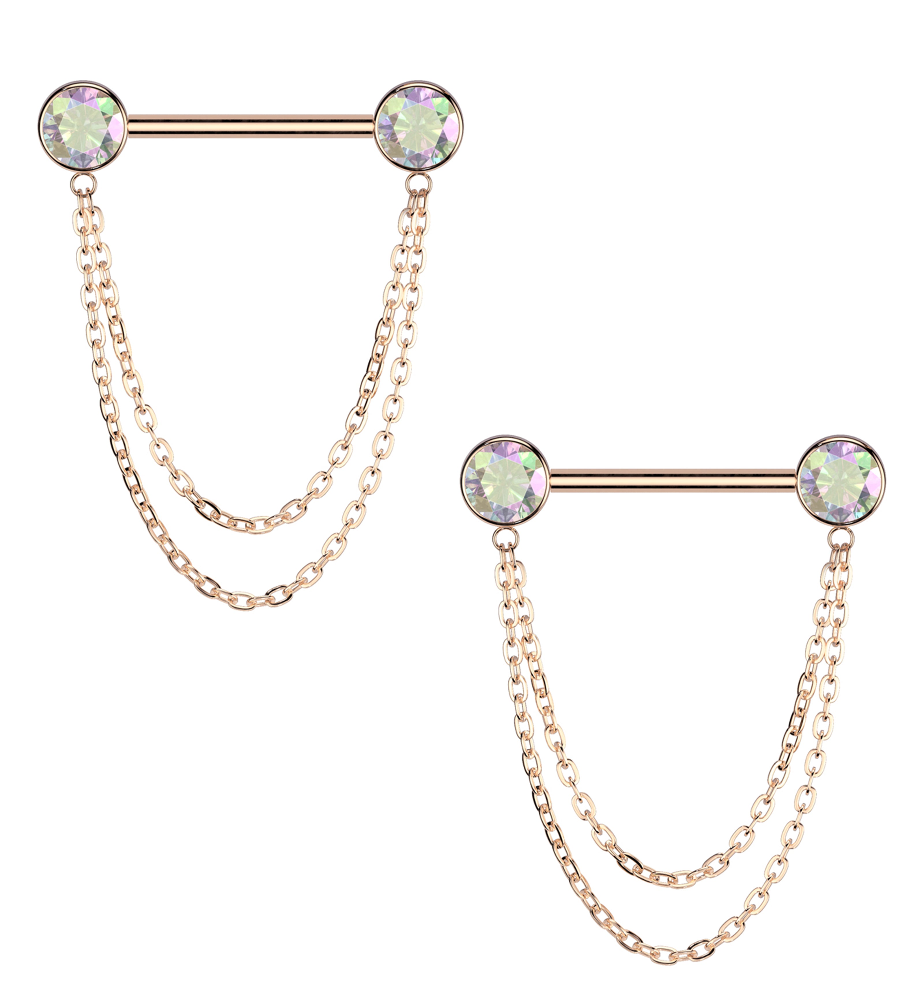 Rose Gold PVD Front Facing Rainbow Aurora CZ Double Dangle Threadless Titanium Nipple Barbell