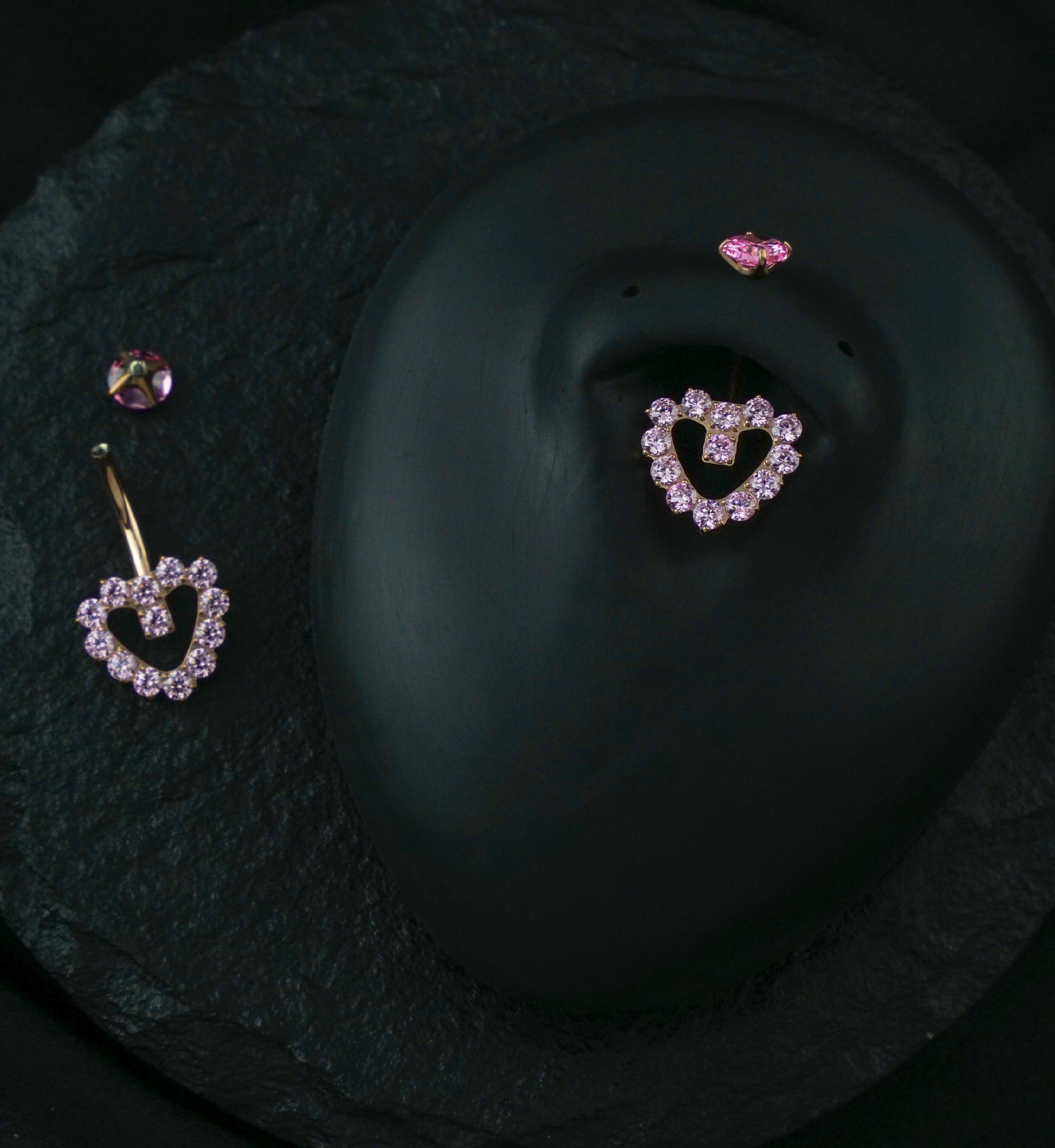 Rose Gold PVD Hollow Heart Pink CZ Titanium Internally Threaded Belly Button Ring