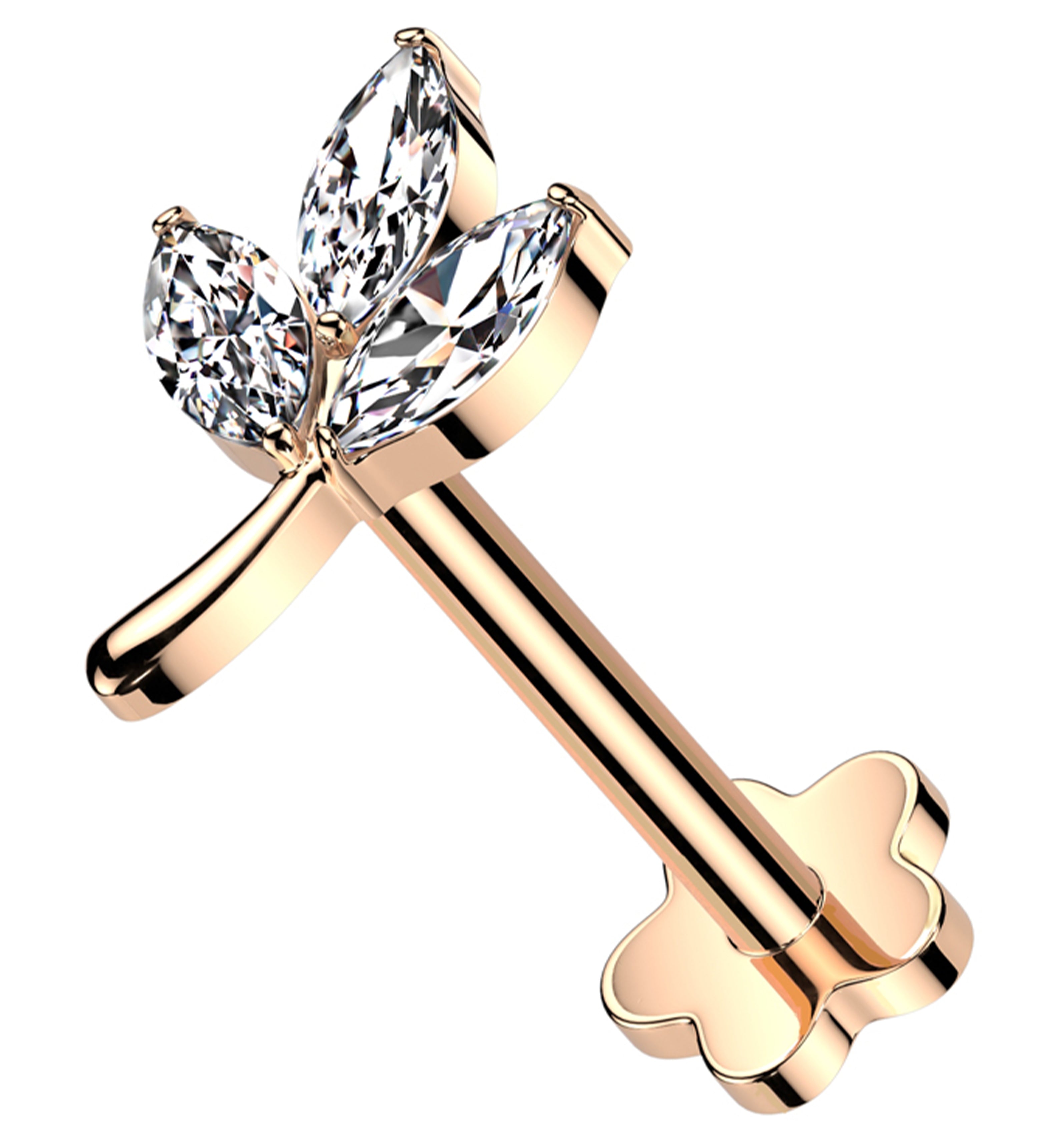 Rose Gold PVD Marquise Leaf Clear CZ Flower Back Titanium Threadless Labret