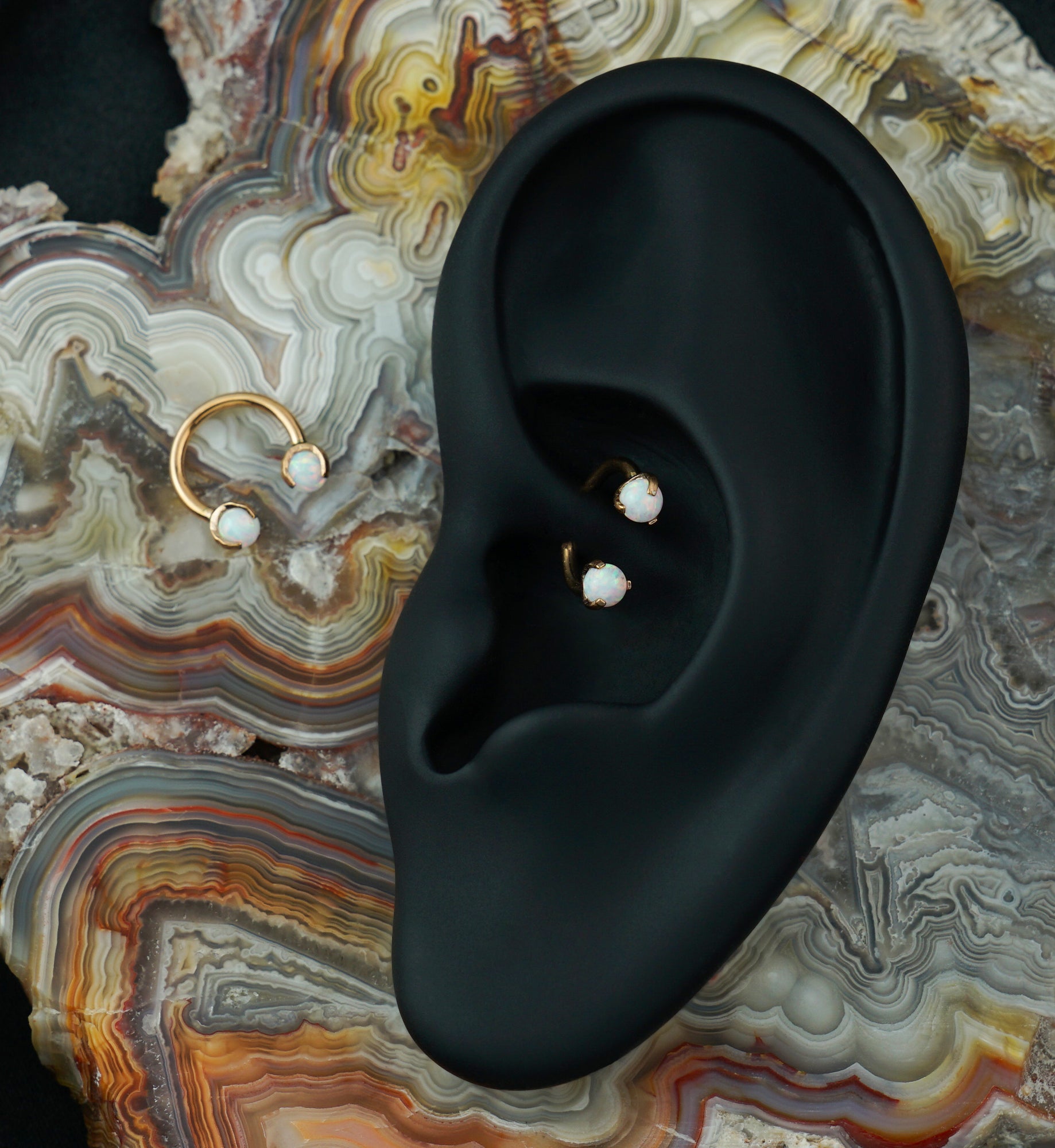 Rose Gold PVD Opalite Claw Stainless Steel Circular Barbell