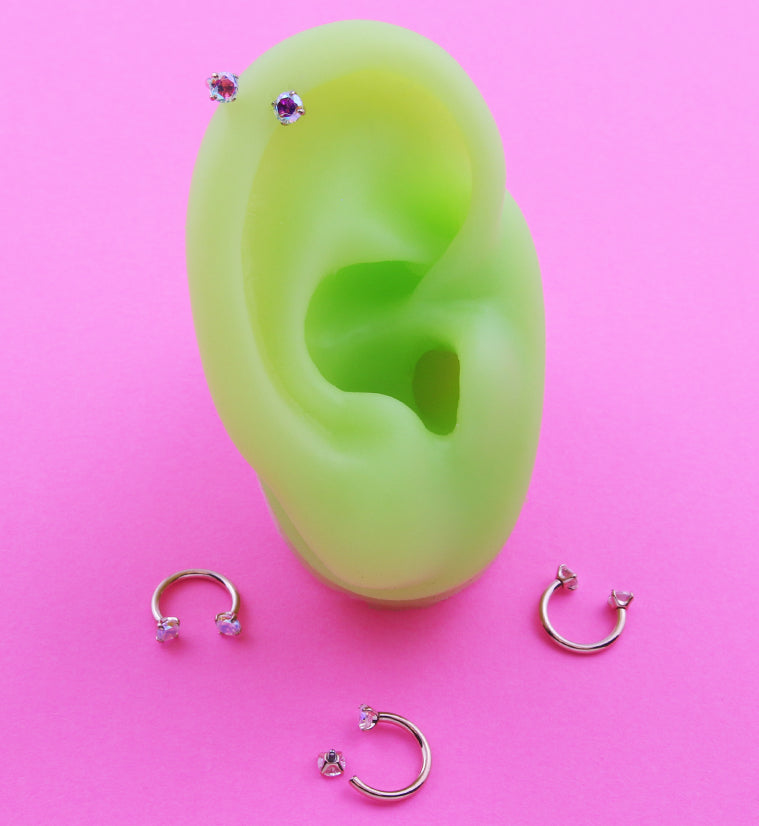 Rose Gold PVD Prong Rainbow Aurora CZ Titanium Internally Threaded Circular Barbell