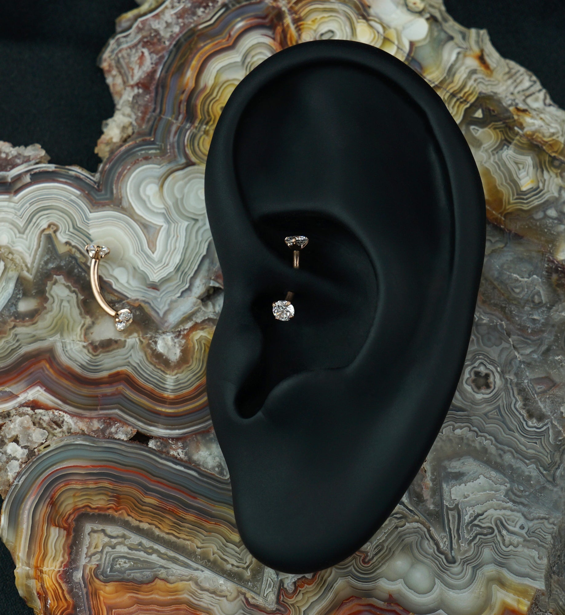 Rose Gold PVD Titanium Double Prong CZ Curved Barbell