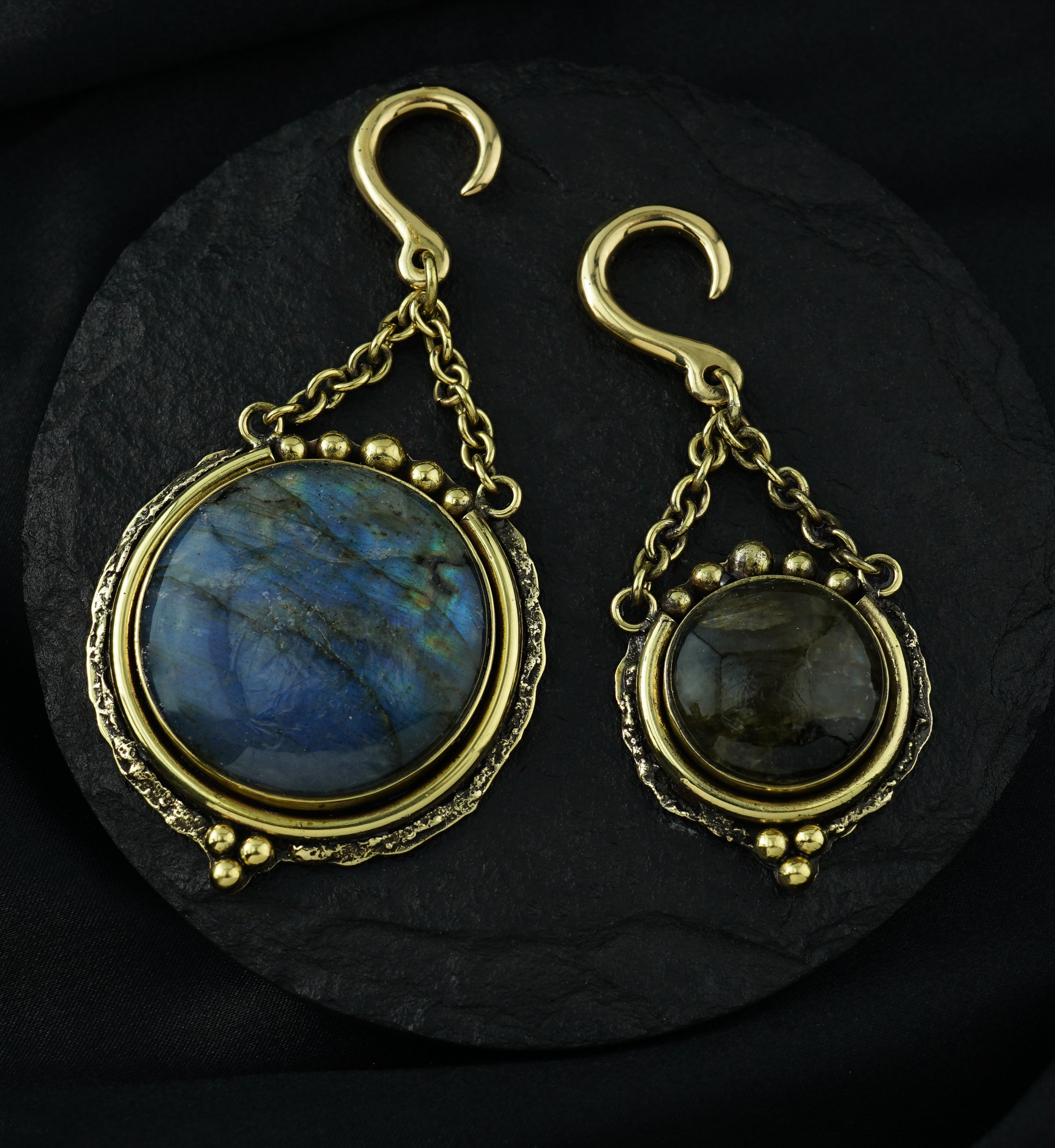 Round Disk Labradorite Stone Hanging Brass Ear Weights
