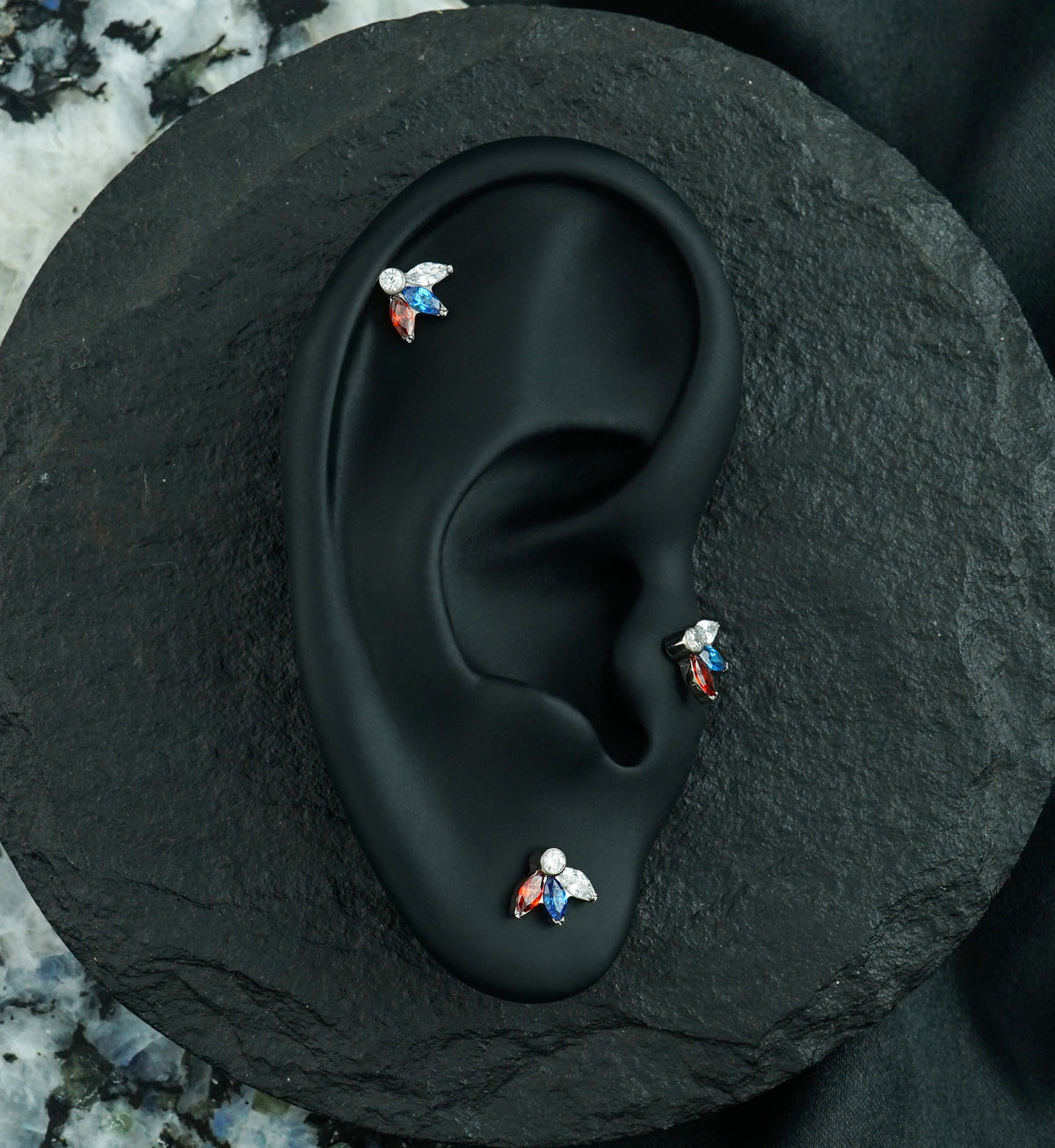 Sepal Blue and Garnet CZ Titanium Threadless Top