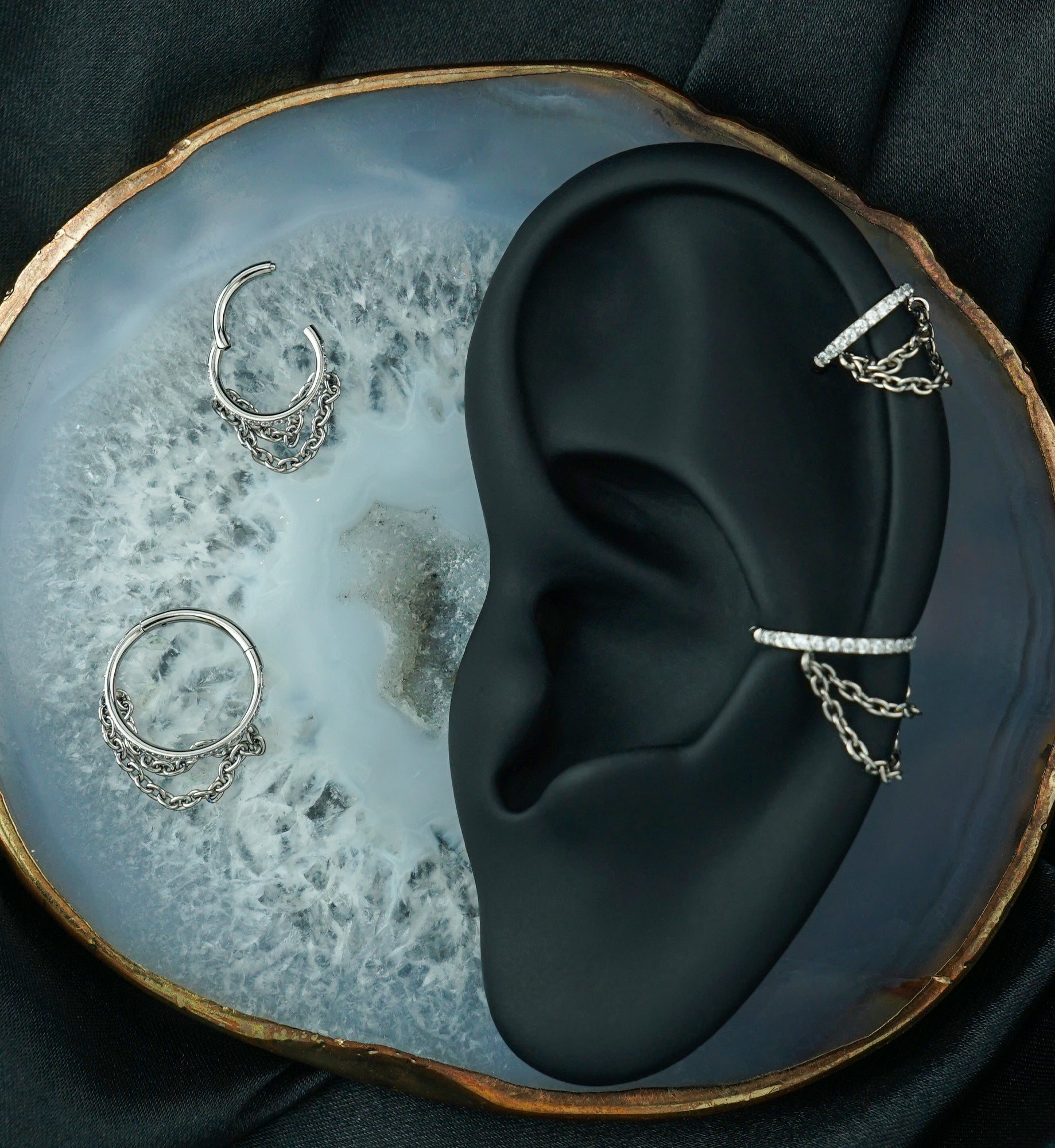 Side-Facing Clear CZ Row Double Dangle Chain Hinged Segment Ring