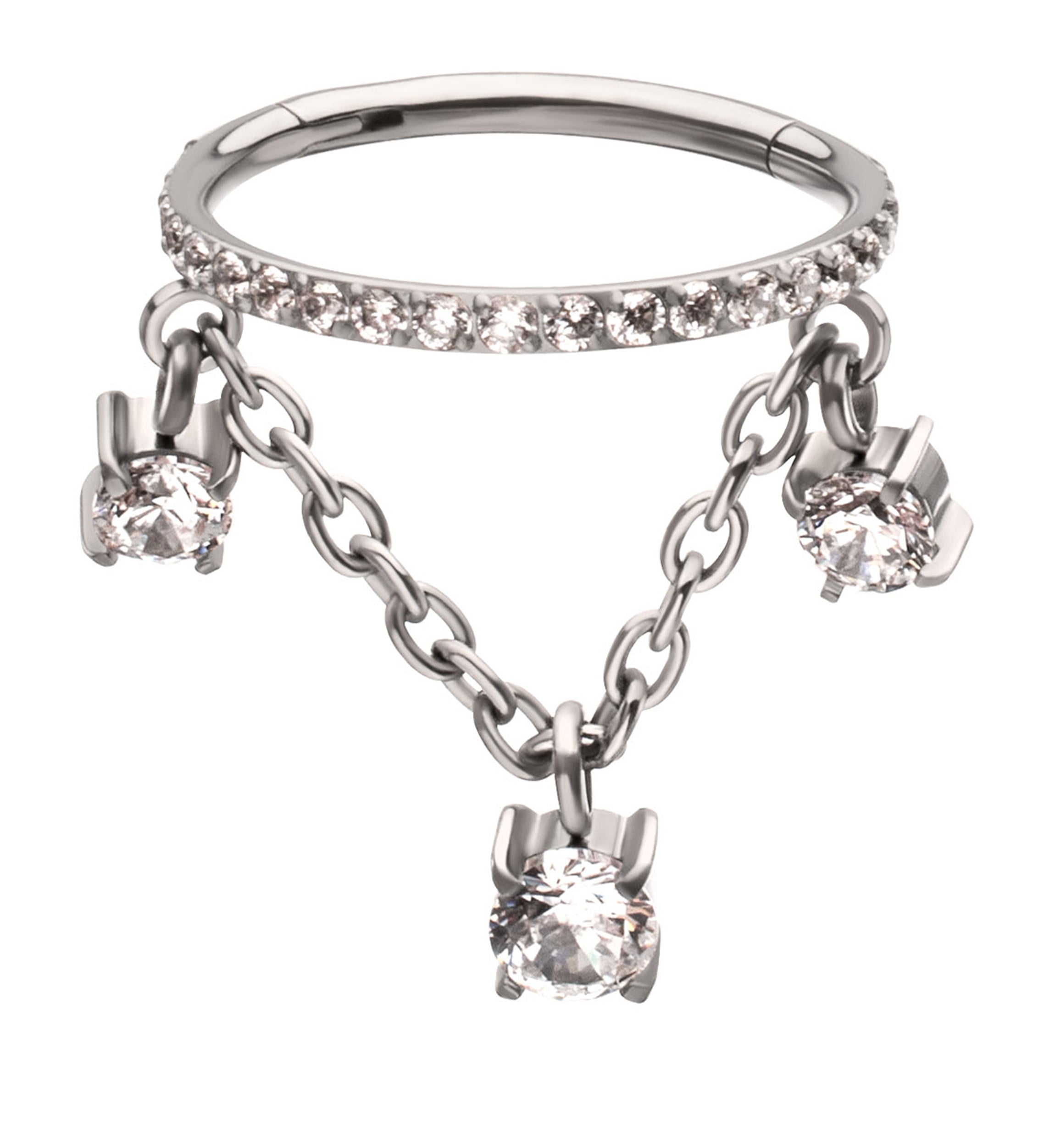 Side-Facing Clear CZ Row Triple CZ Dangle Chain Hinged Segment Ring