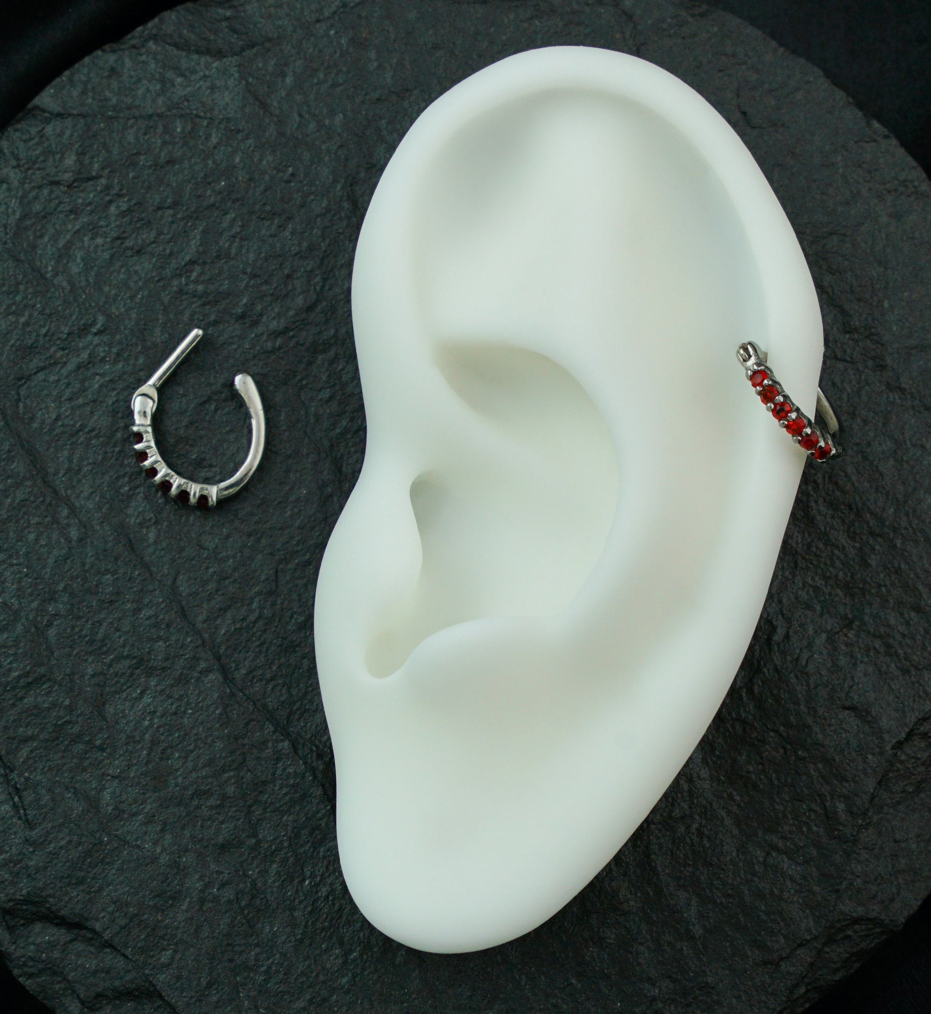 Side-Facing Red CZ Stainless Steel Hinged Segment D-Ring