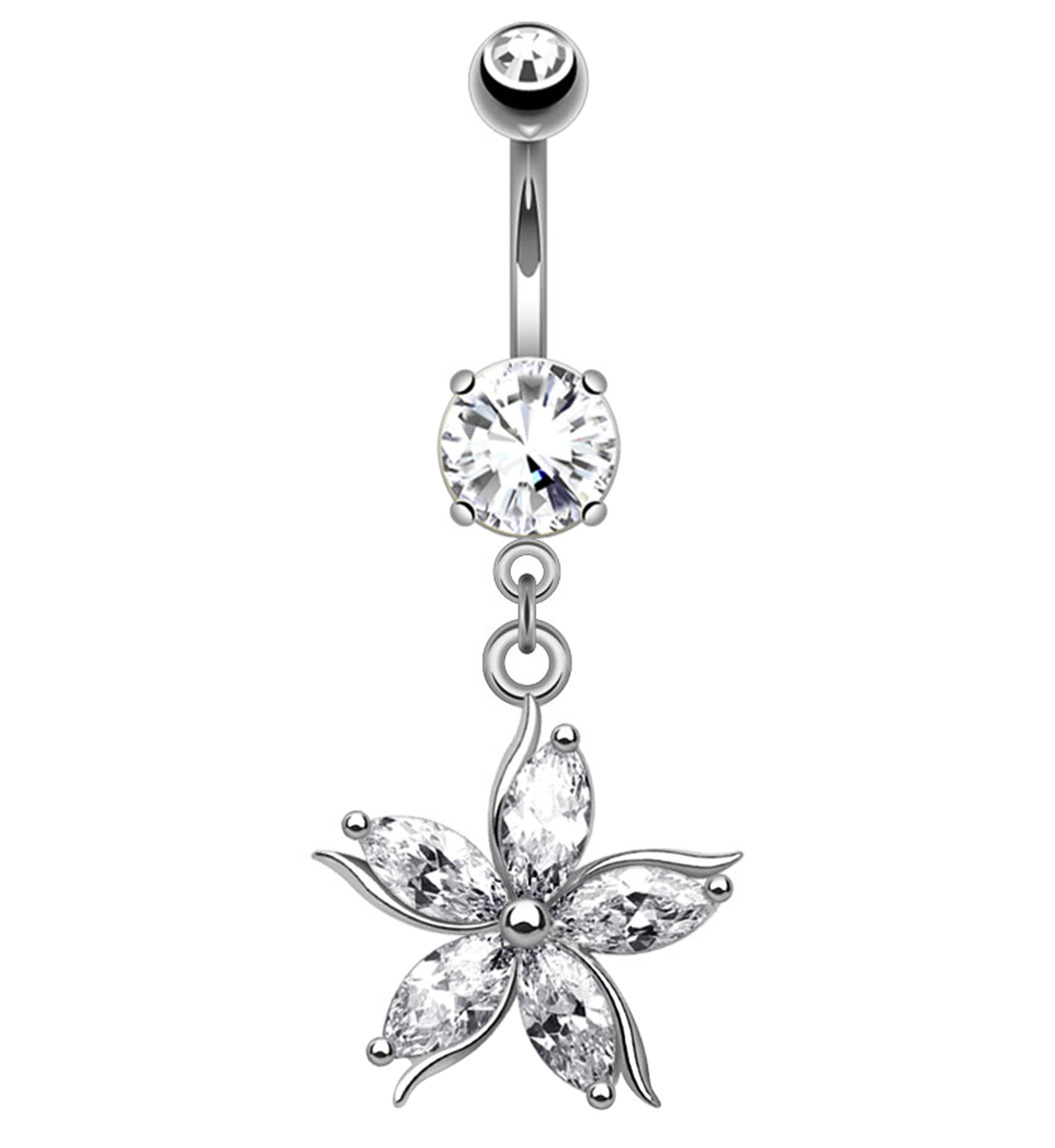 Silver Floral CZ Stainless Steel Belly Button Ring