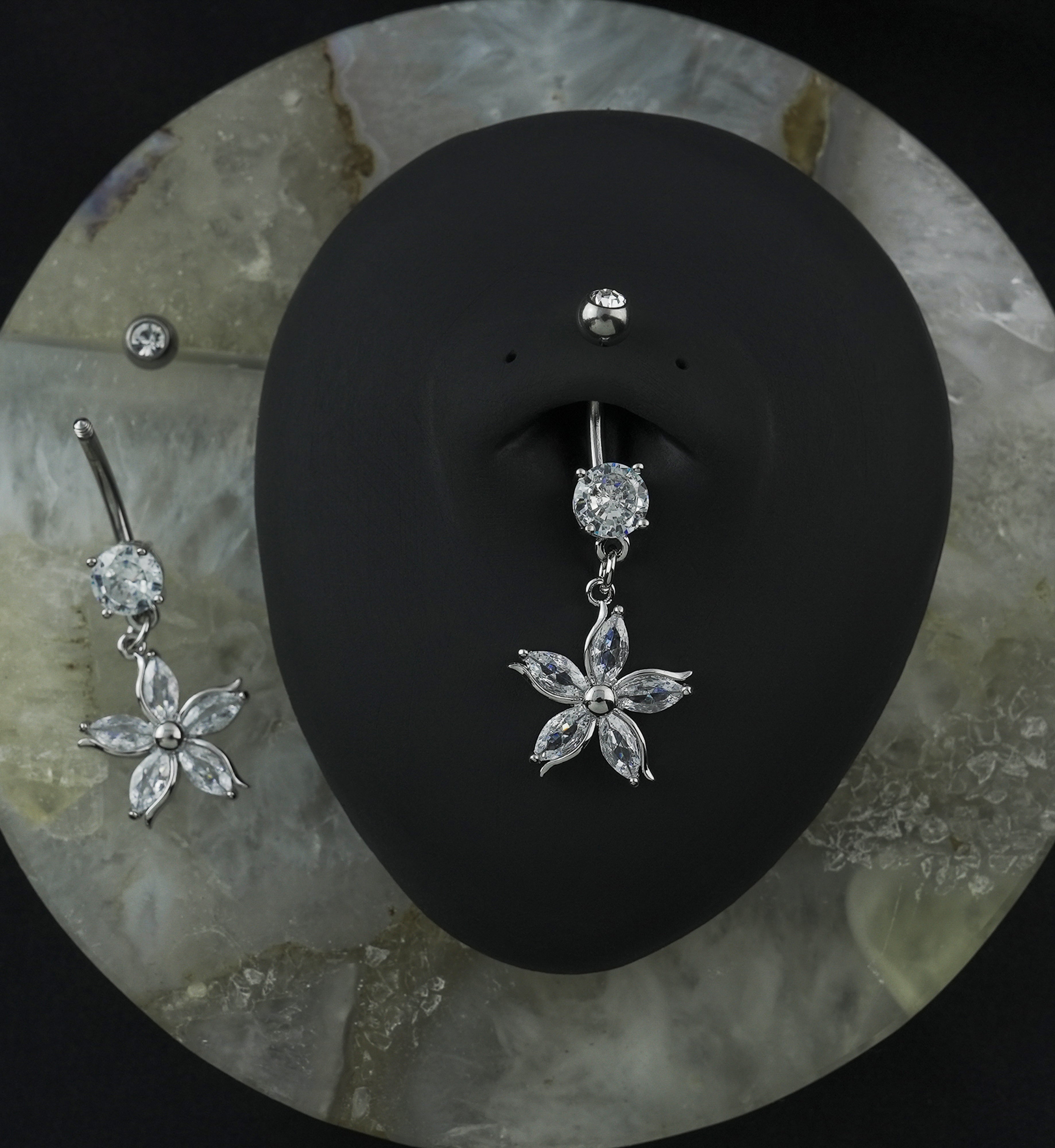 Silver Floral CZ Stainless Steel Belly Button Ring