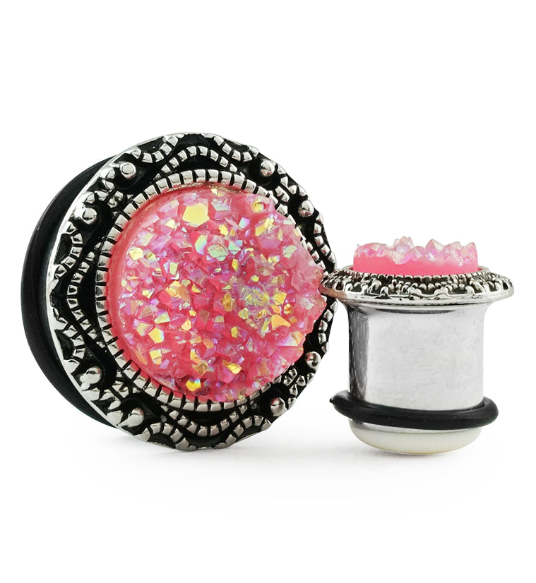 Silver Frame Pink Druzy Stone Inlay Steel Plugs